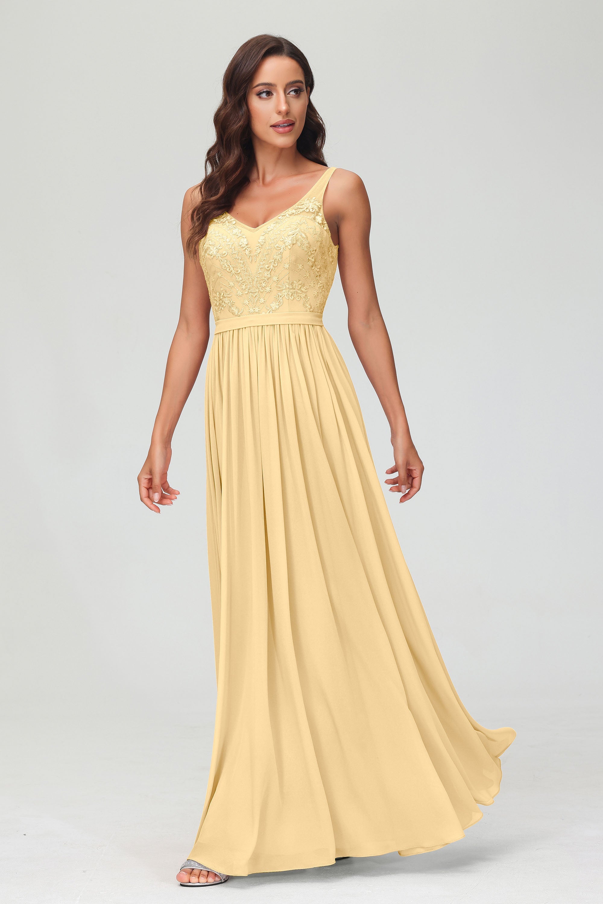 V Neck Chiffon Lace Bridesmaid Dress Formal Evening Dresses Gowns Ruffles Sleeveless