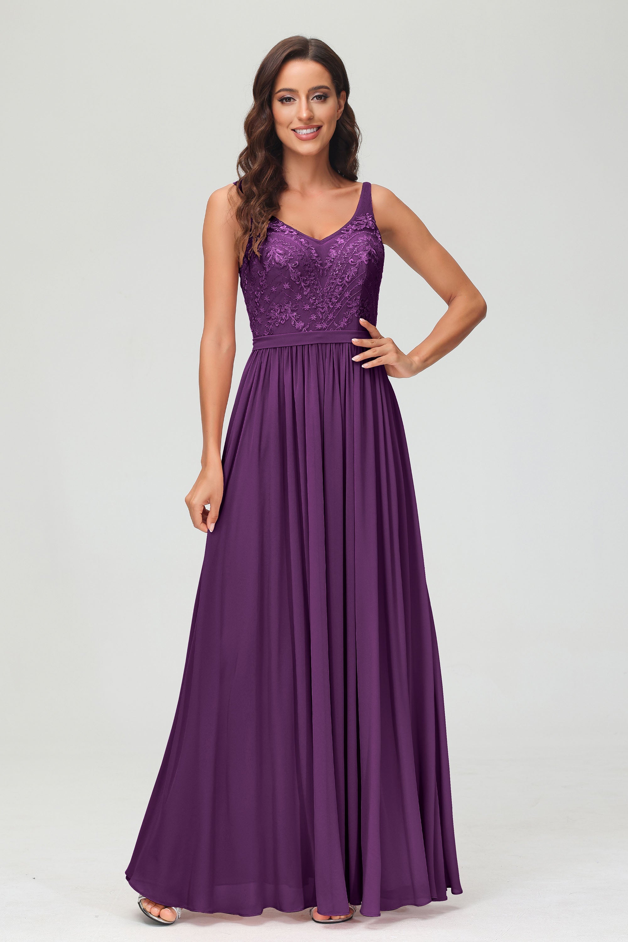 V Neck Chiffon Lace Bridesmaid Dress Formal Evening Dresses Gowns Ruffles Sleeveless