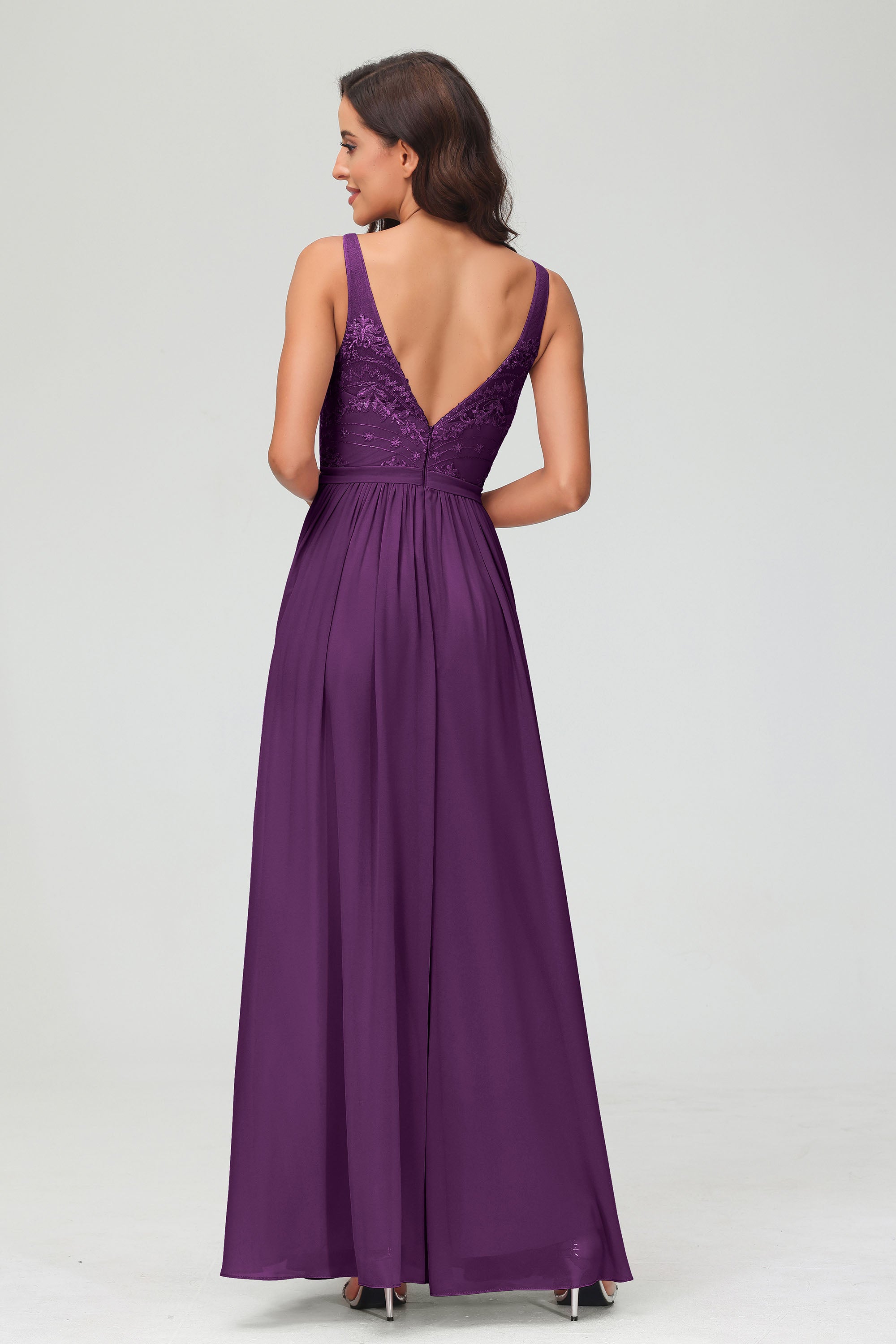 V Neck Chiffon Lace Bridesmaid Dress Formal Evening Dresses Gowns Ruffles Sleeveless