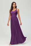 V Neck Chiffon Lace Bridesmaid Dress Formal Evening Dresses Gowns Ruffles Sleeveless