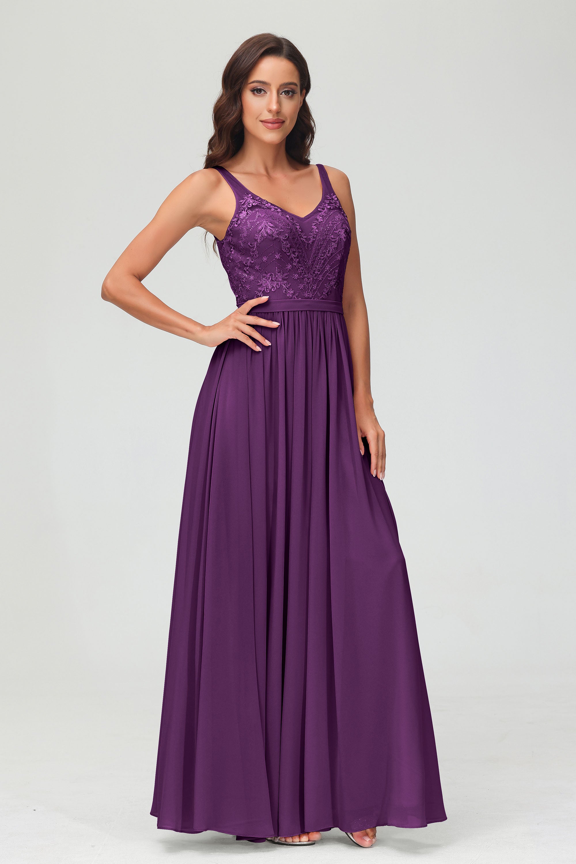 V Neck Chiffon Lace Bridesmaid Dress Formal Evening Dresses Gowns Ruffles Sleeveless