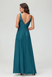 V Neck Chiffon Lace Bridesmaid Dress Formal Evening Dresses Gowns Ruffles Sleeveless