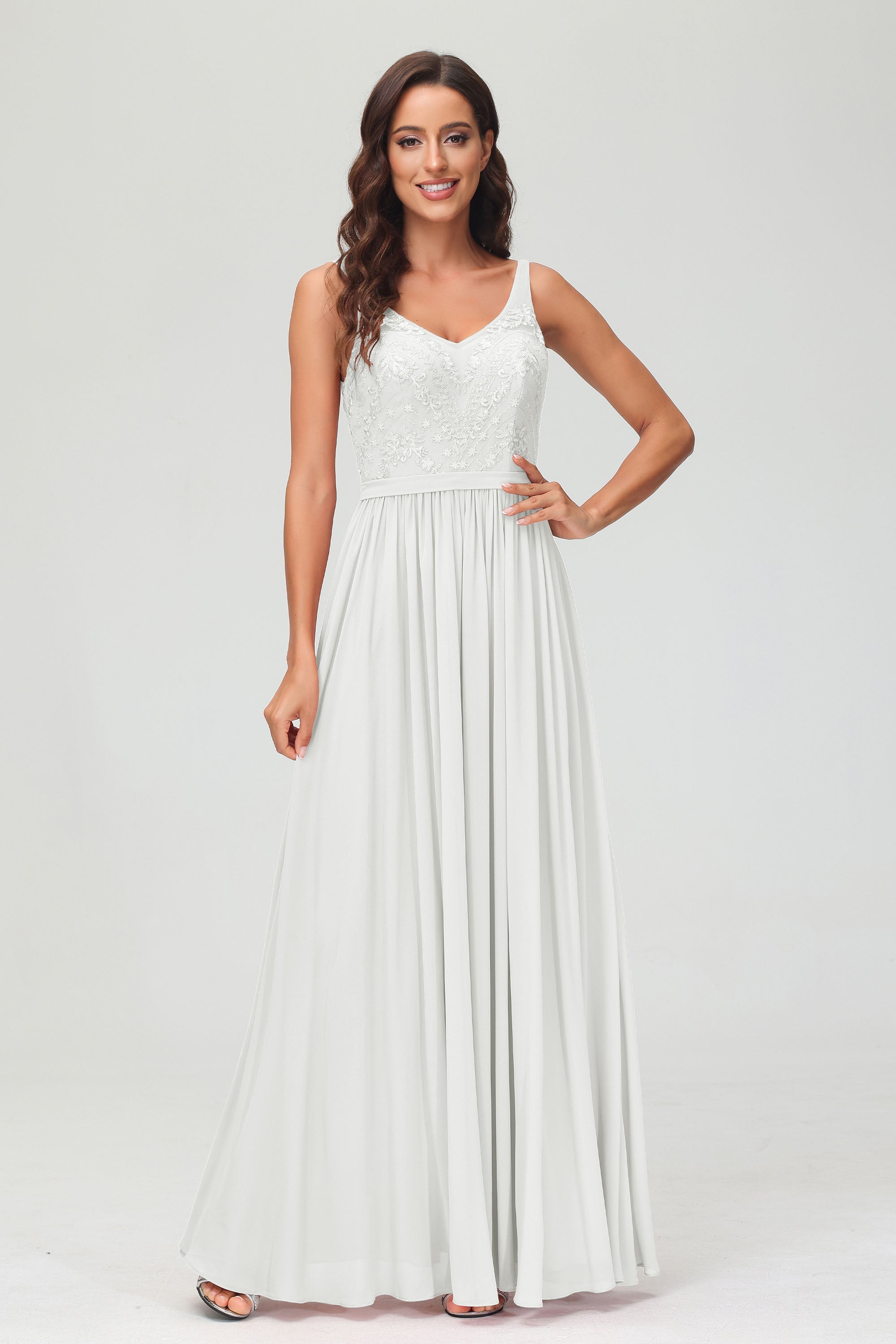 V Neck Chiffon Lace Bridesmaid Dress Formal Evening Dresses Gowns Ruffles Sleeveless
