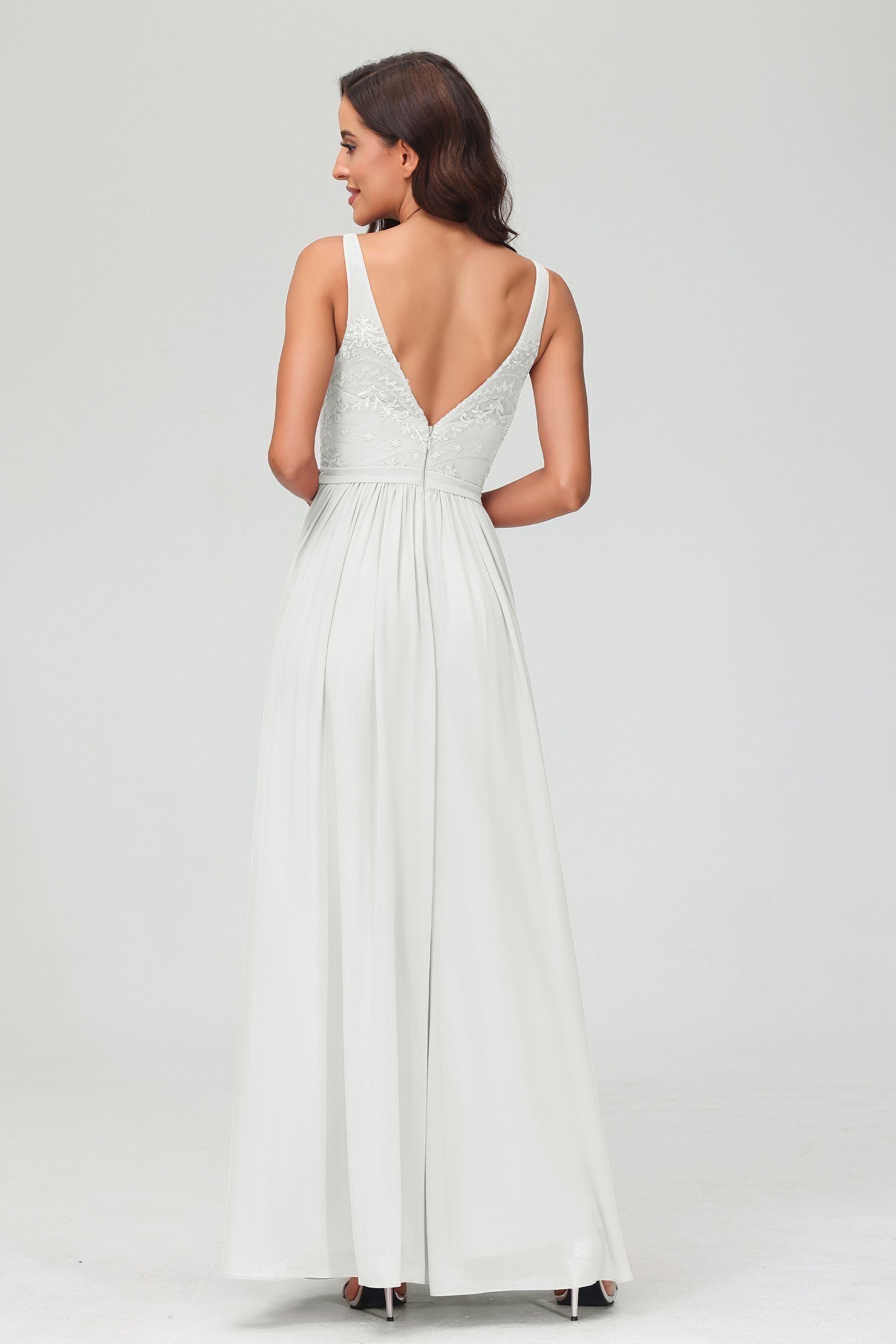 V Neck Chiffon Lace Bridesmaid Dress Formal Evening Dresses Gowns Ruffles Sleeveless