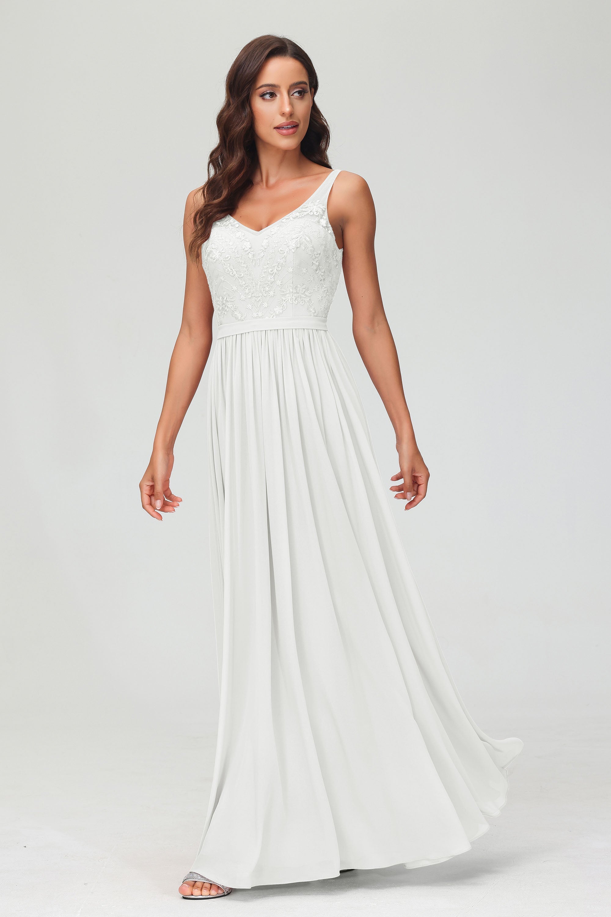 V Neck Chiffon Lace Bridesmaid Dress Formal Evening Dresses Gowns Ruffles Sleeveless