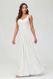 V Neck Chiffon Lace Bridesmaid Dress Formal Evening Dresses Gowns Ruffles Sleeveless