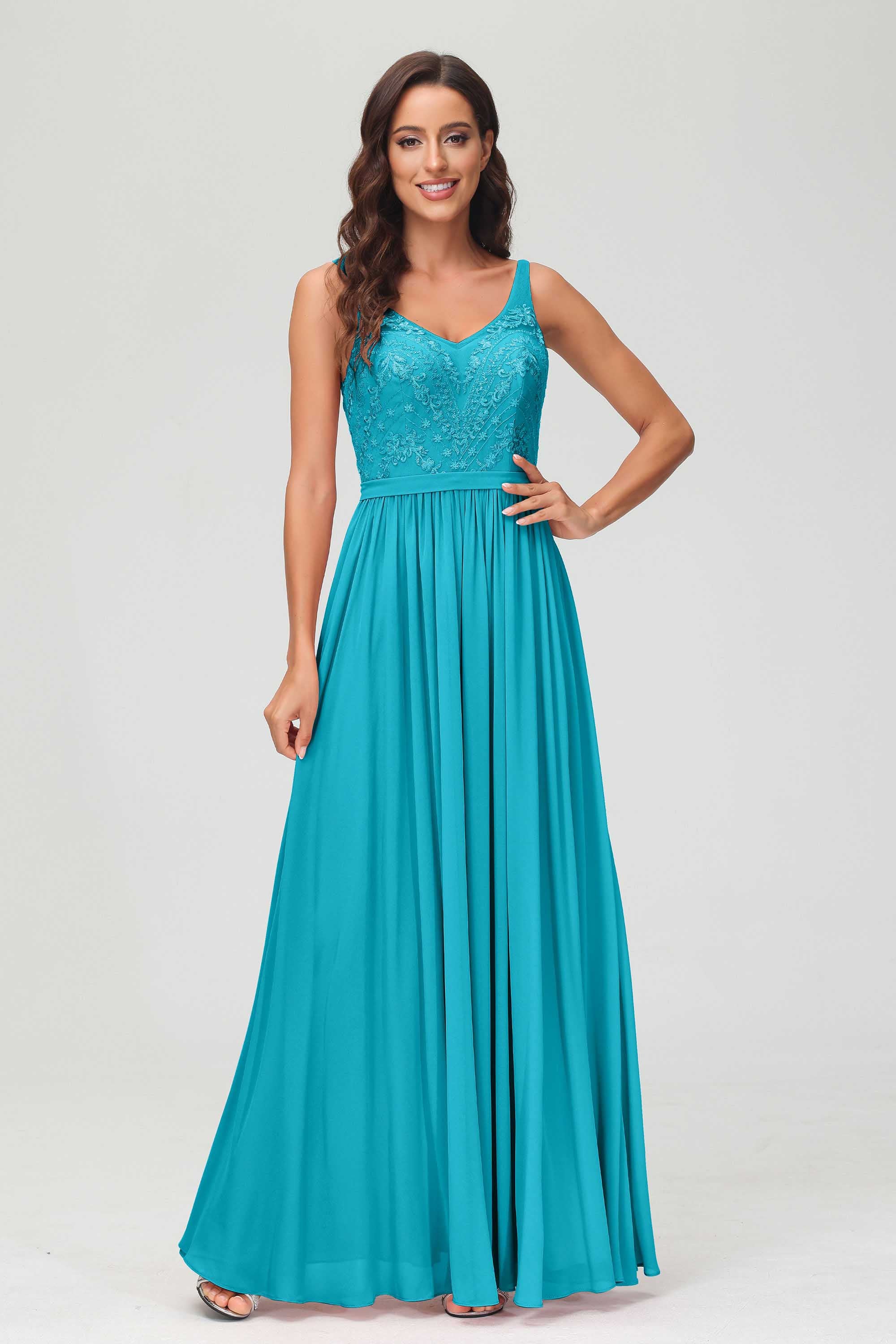 V Neck Chiffon Lace Bridesmaid Dress Formal Evening Dresses Gowns Ruffles Sleeveless