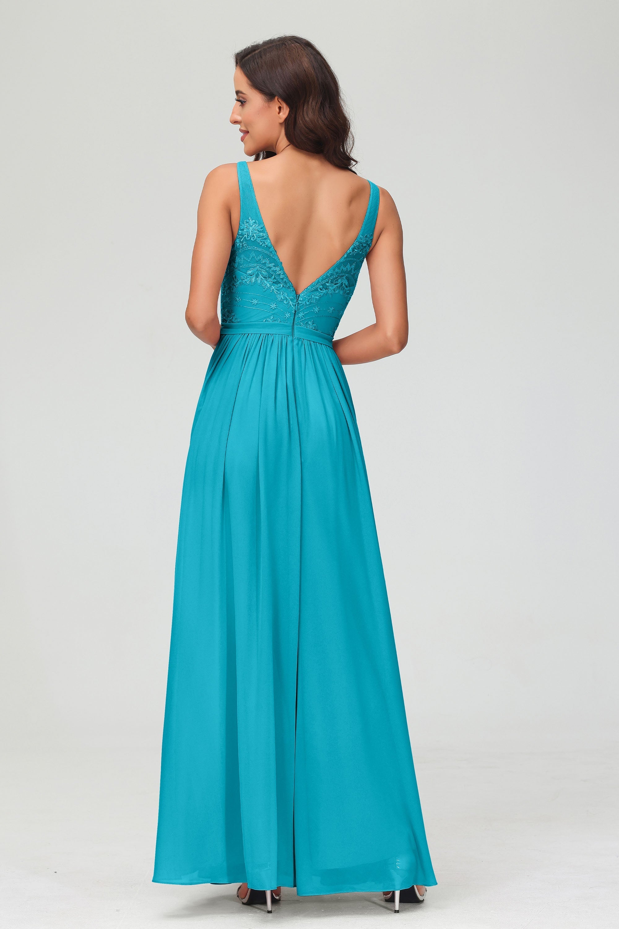 V Neck Chiffon Lace Bridesmaid Dress Formal Evening Dresses Gowns Ruffles Sleeveless