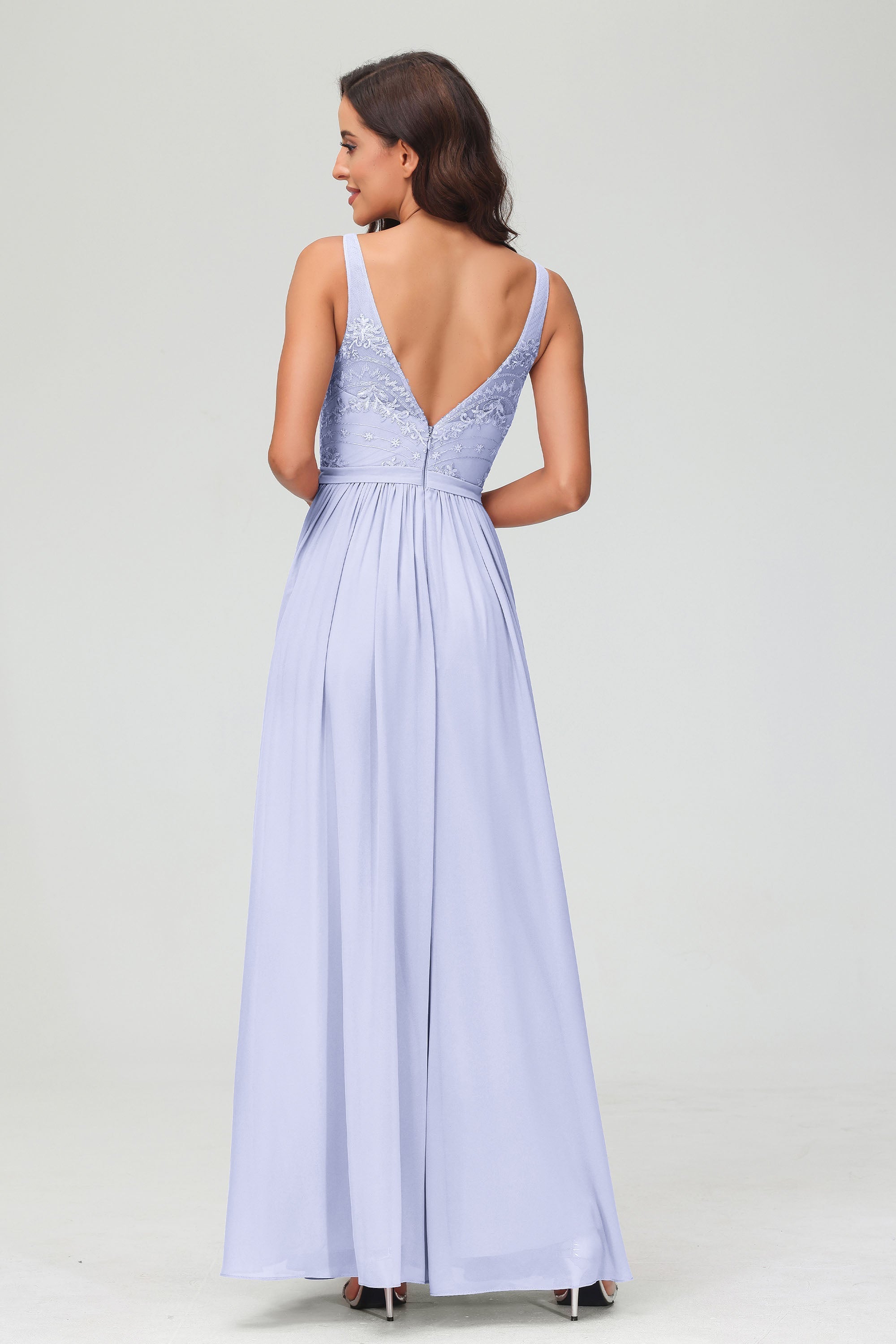V Neck Chiffon Lace Bridesmaid Dress Formal Evening Dresses Gowns Ruffles Sleeveless