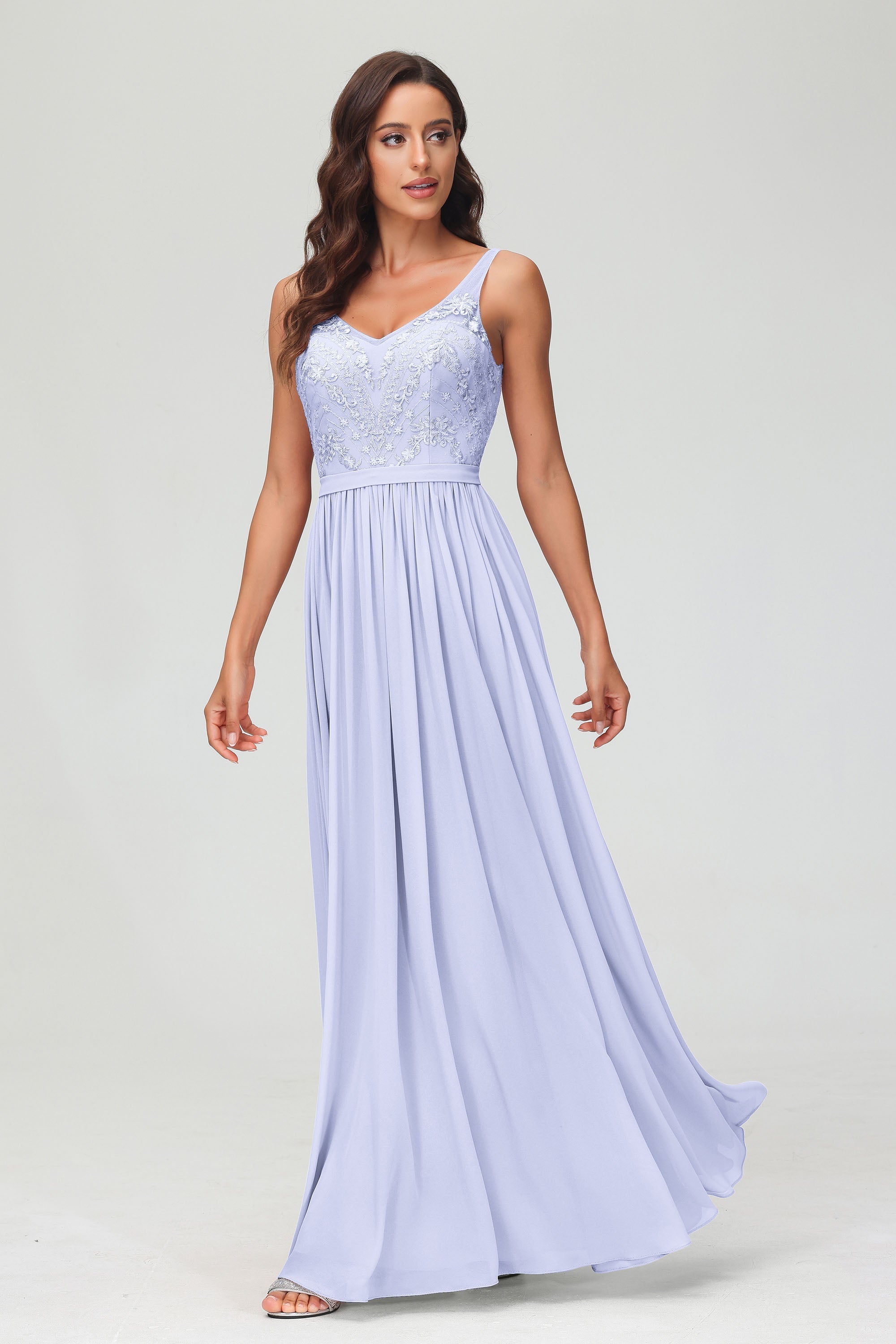 V Neck Chiffon Lace Bridesmaid Dress Formal Evening Dresses Gowns Ruffles Sleeveless