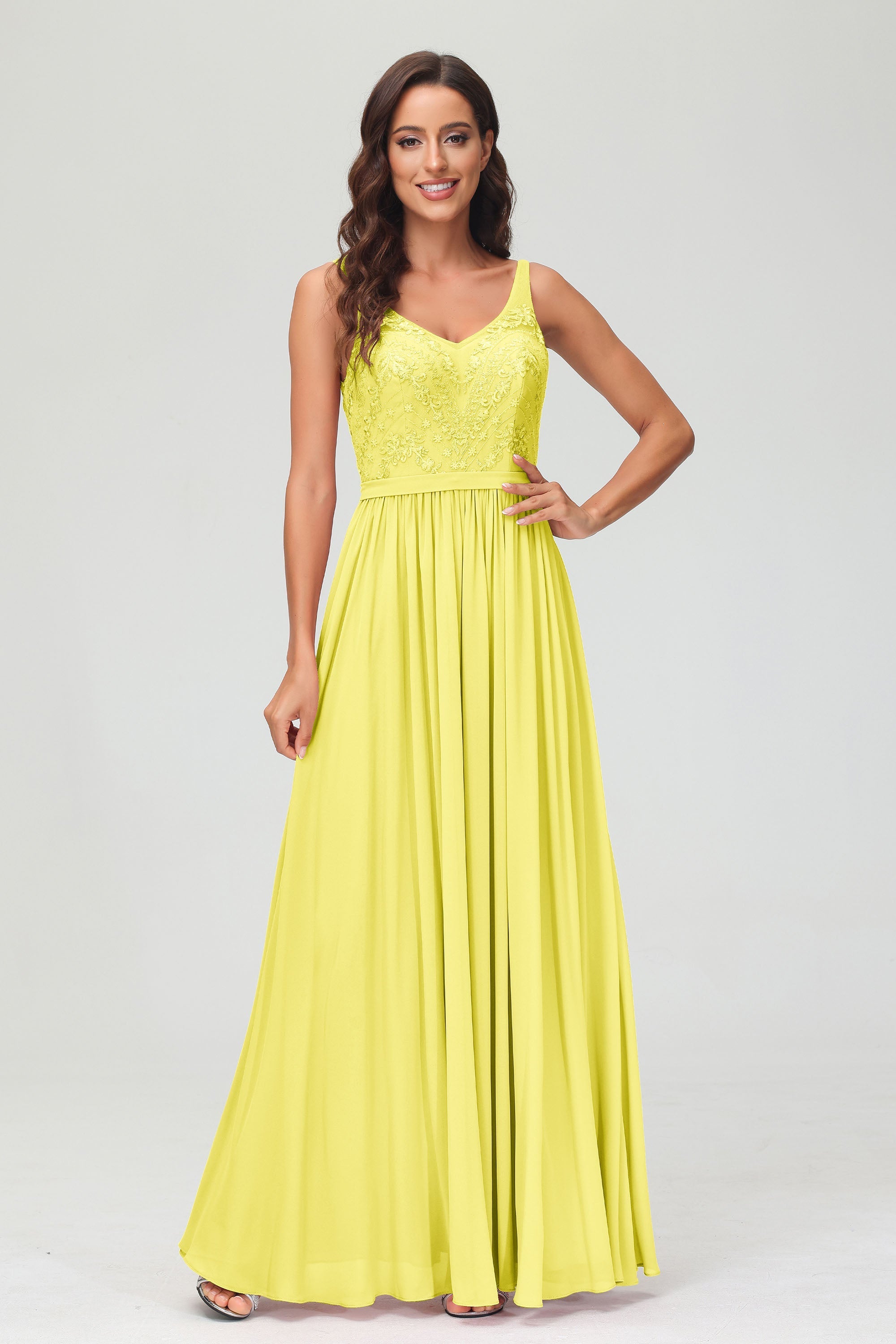 V Neck Chiffon Lace Bridesmaid Dress Formal Evening Dresses Gowns Ruffles Sleeveless