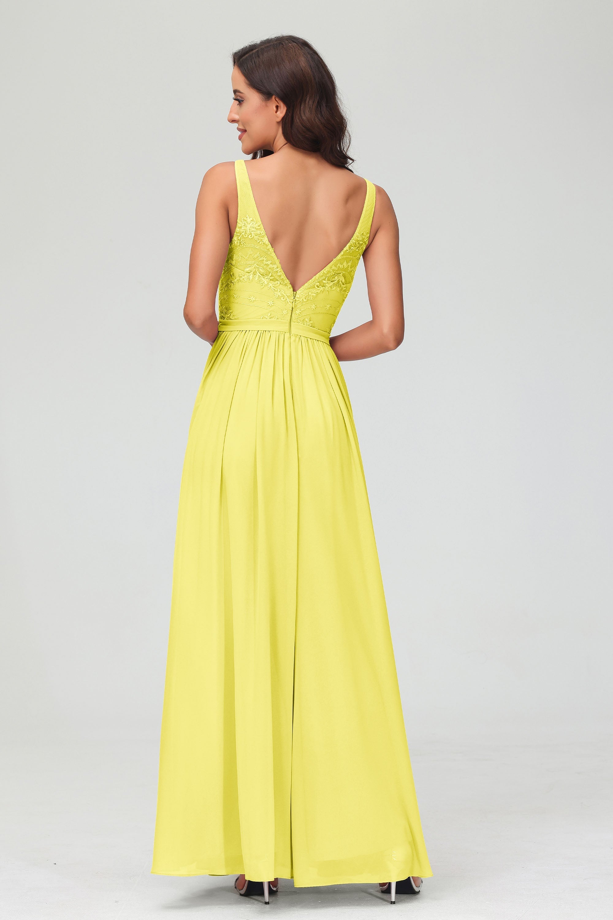 V Neck Chiffon Lace Bridesmaid Dress Formal Evening Dresses Gowns Ruffles Sleeveless