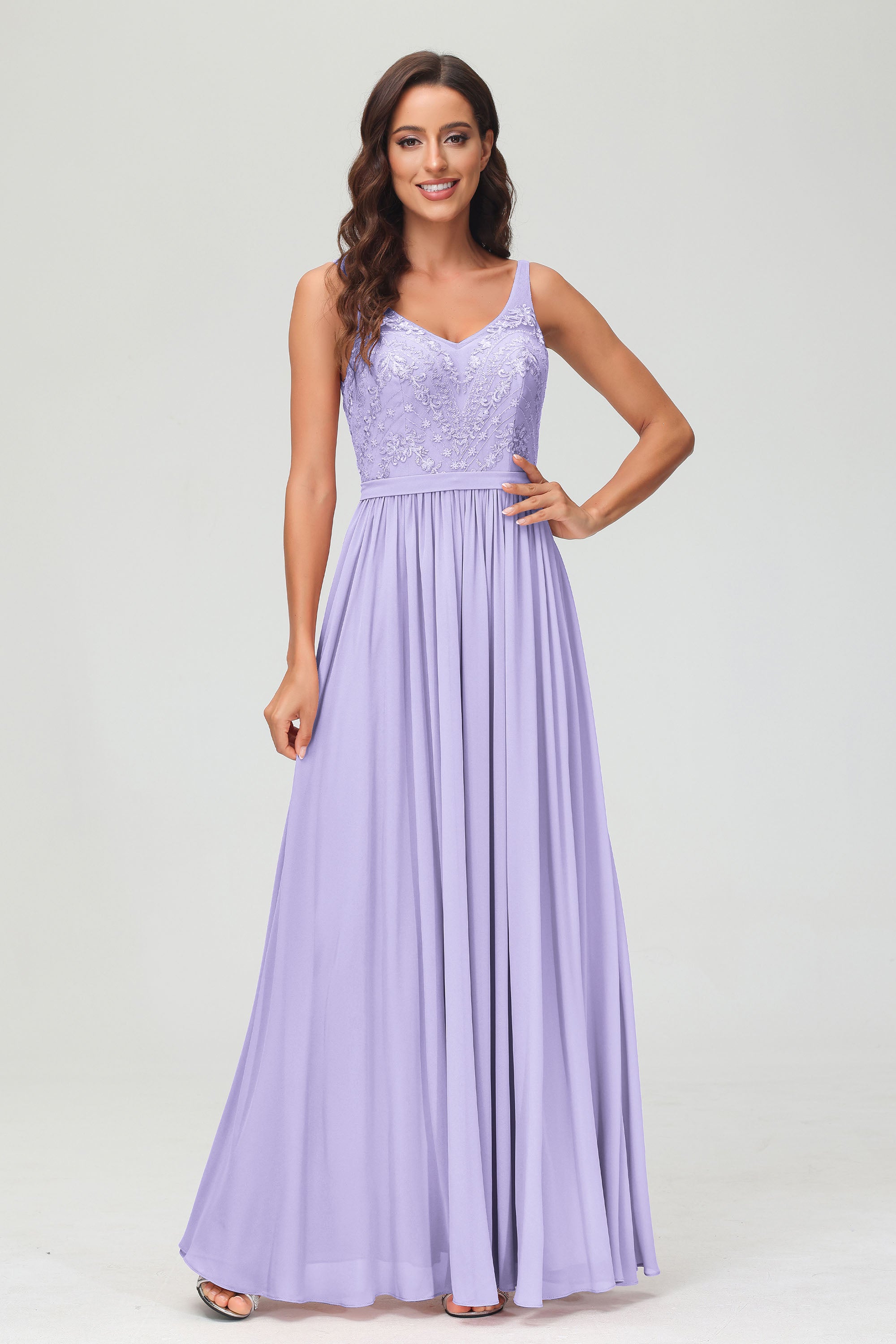 V Neck Chiffon Lace Bridesmaid Dress Formal Evening Dresses Gowns Ruffles Sleeveless
