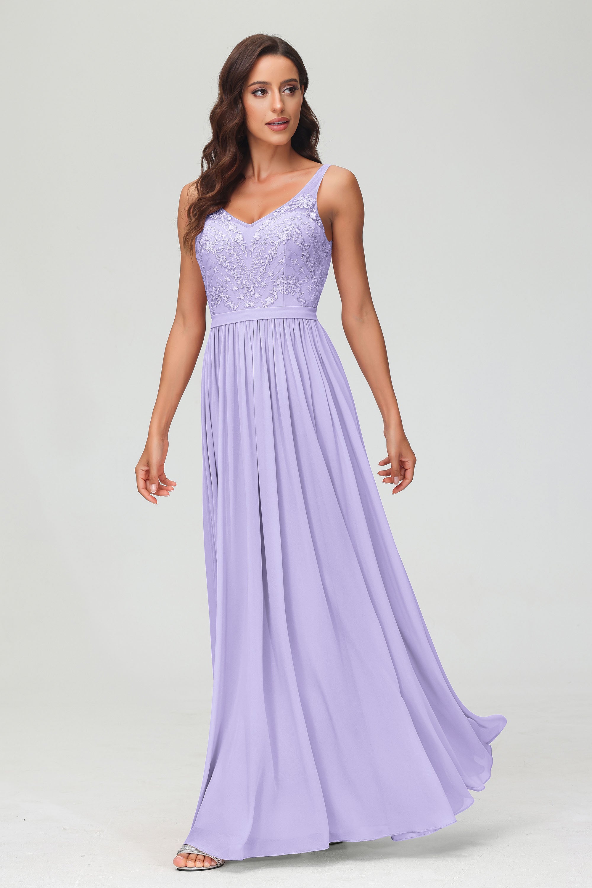 V Neck Chiffon Lace Bridesmaid Dress Formal Evening Dresses Gowns Ruffles Sleeveless