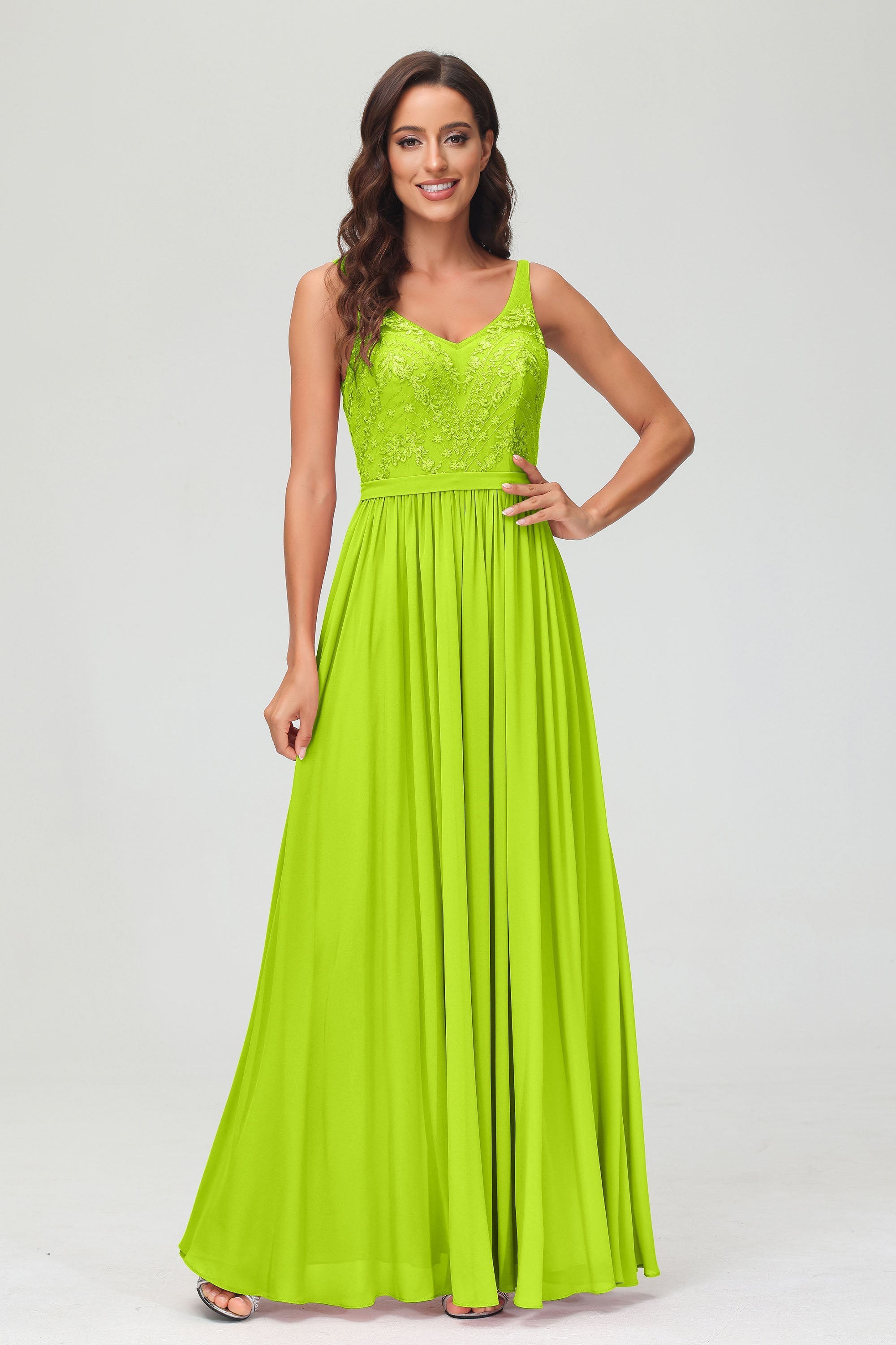 V Neck Chiffon Lace Bridesmaid Dress Formal Evening Dresses Gowns Ruffles Sleeveless