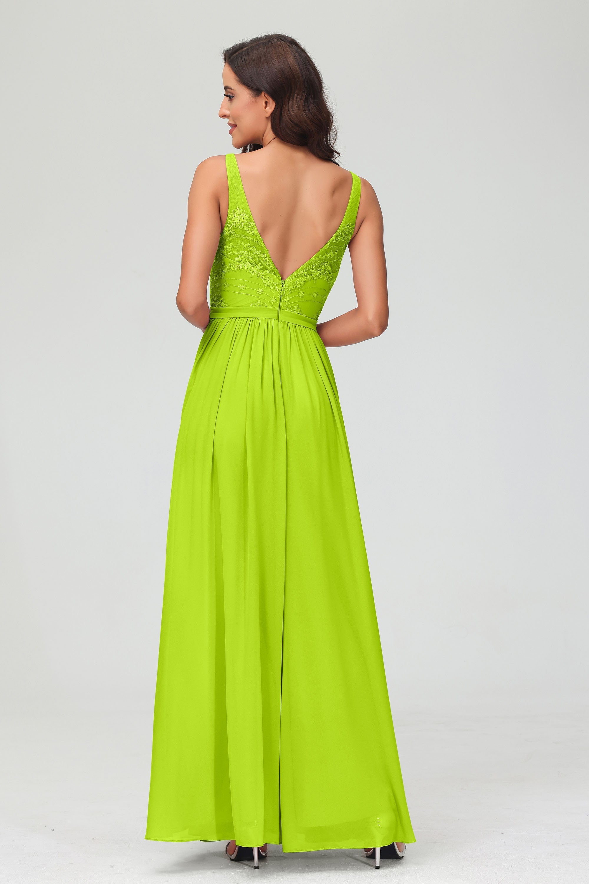 V Neck Chiffon Lace Bridesmaid Dress Formal Evening Dresses Gowns Ruffles Sleeveless