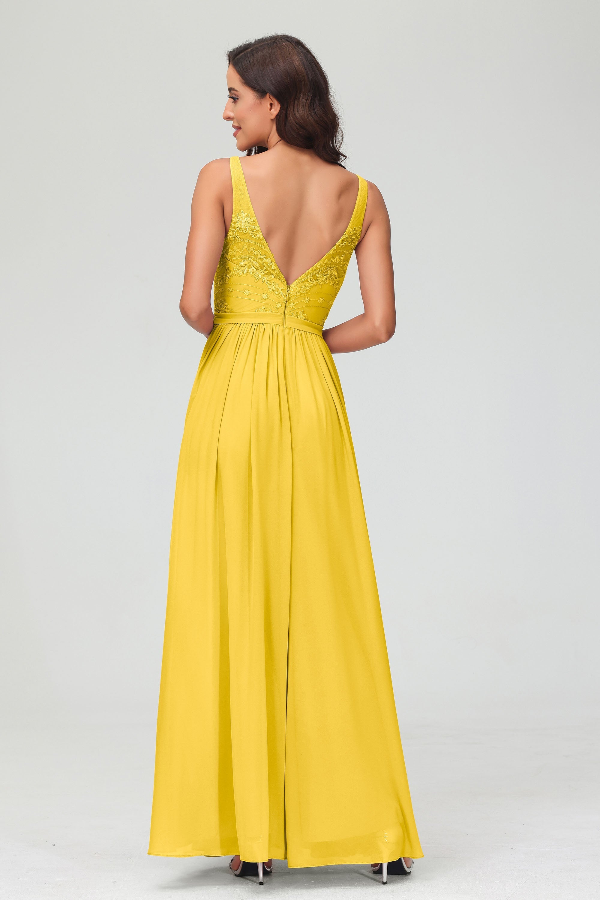 V Neck Chiffon Lace Bridesmaid Dress Formal Evening Dresses Gowns Ruffles Sleeveless