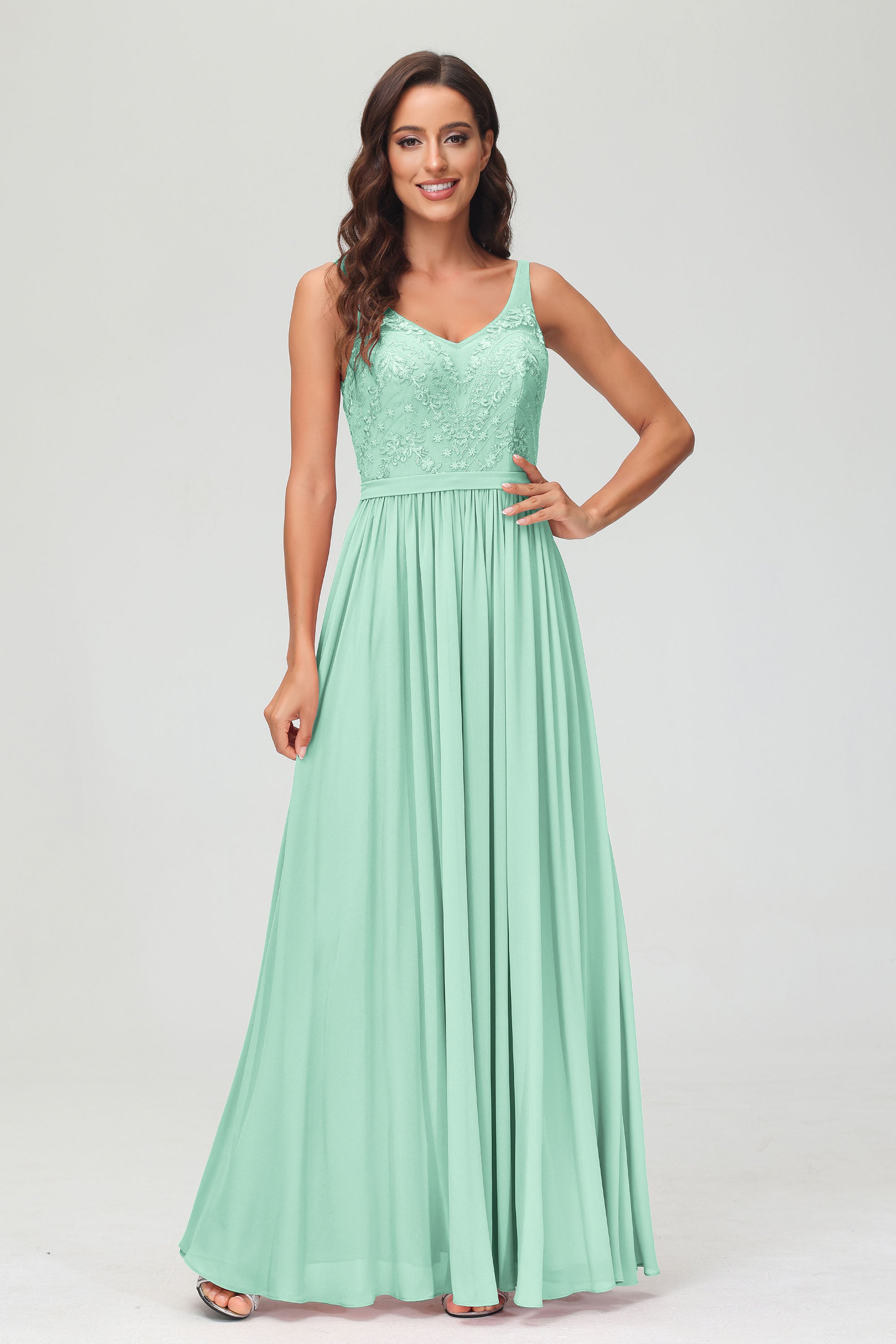 V Neck Chiffon Lace Bridesmaid Dress Formal Evening Dresses Gowns Ruffles Sleeveless