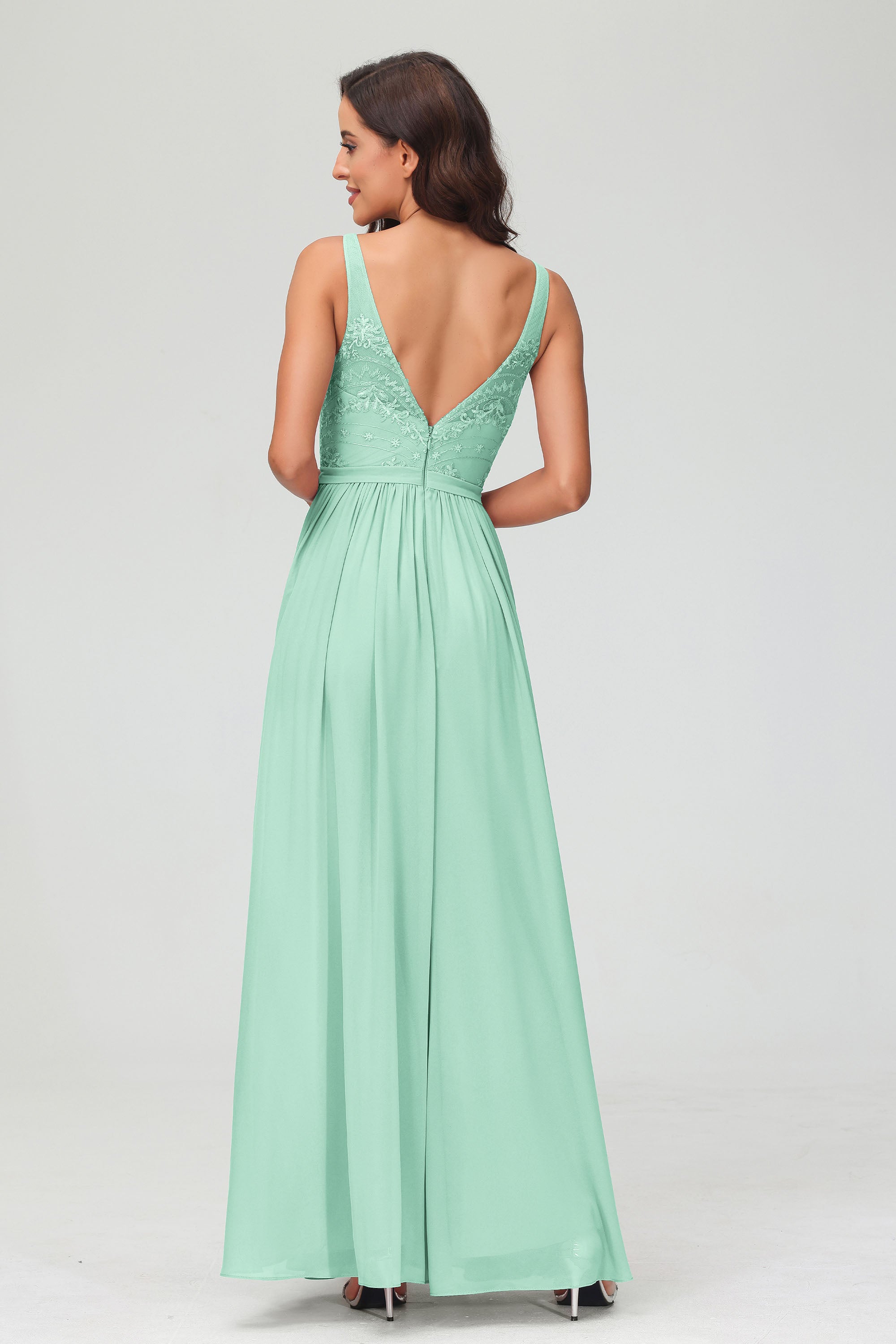 V Neck Chiffon Lace Bridesmaid Dress Formal Evening Dresses Gowns Ruffles Sleeveless