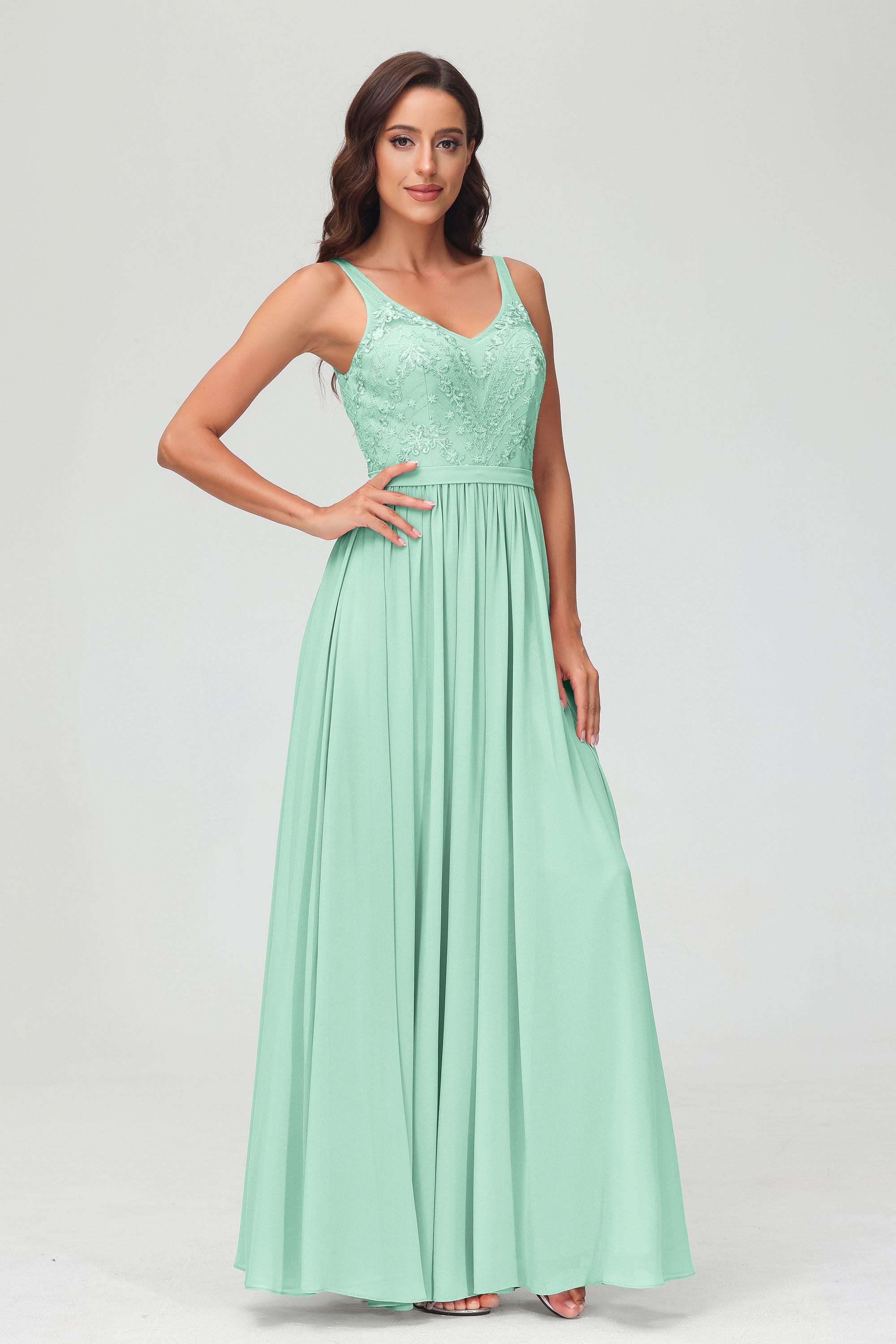 V Neck Chiffon Lace Bridesmaid Dress Formal Evening Dresses Gowns Ruffles Sleeveless
