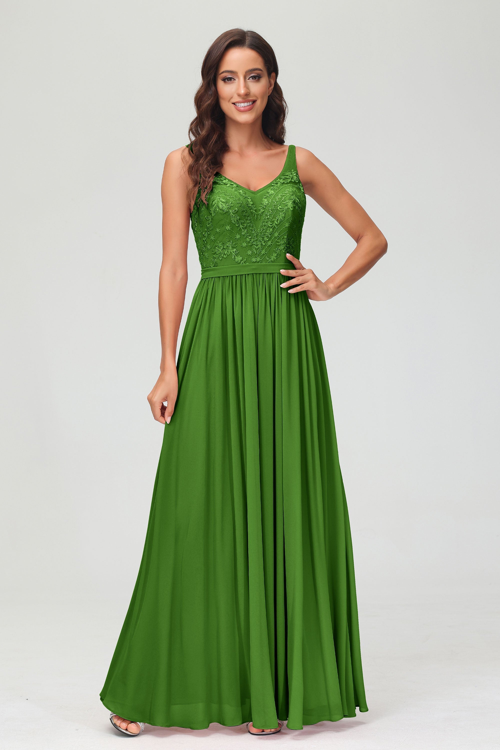 V Neck Chiffon Lace Bridesmaid Dress Formal Evening Dresses Gowns Ruffles Sleeveless