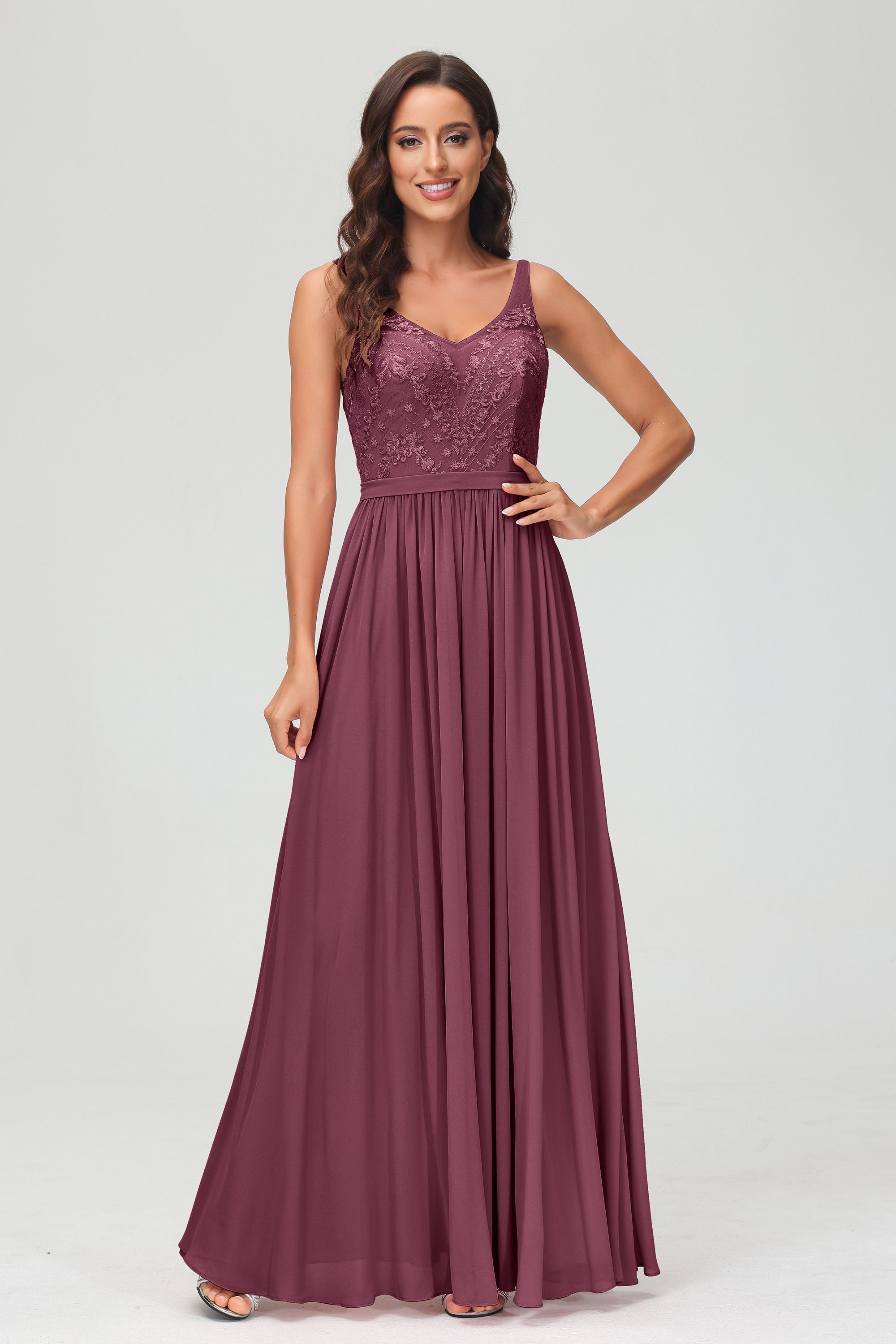 V Neck Chiffon Lace Bridesmaid Dress Formal Evening Dresses Gowns Ruffles Sleeveless