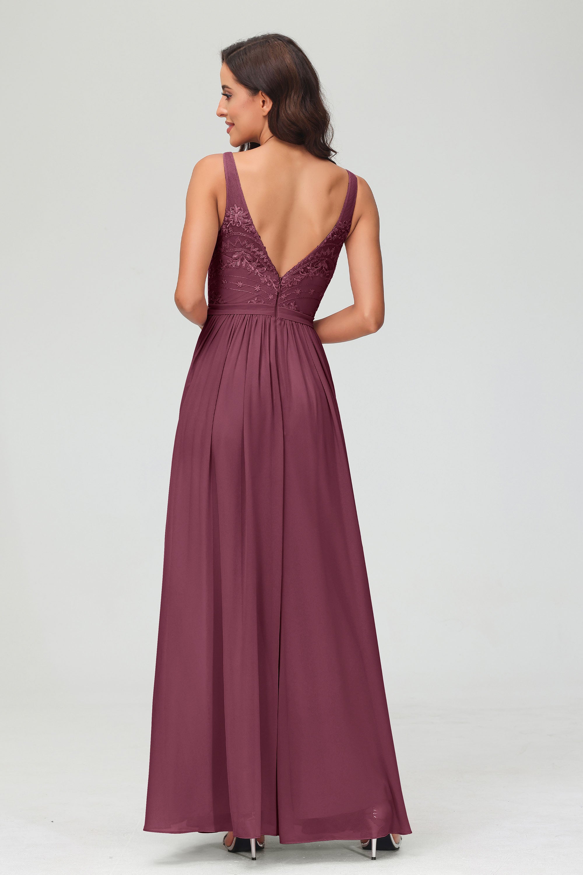 V Neck Chiffon Lace Bridesmaid Dress Formal Evening Dresses Gowns Ruffles Sleeveless