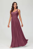 V Neck Chiffon Lace Bridesmaid Dress Formal Evening Dresses Gowns Ruffles Sleeveless
