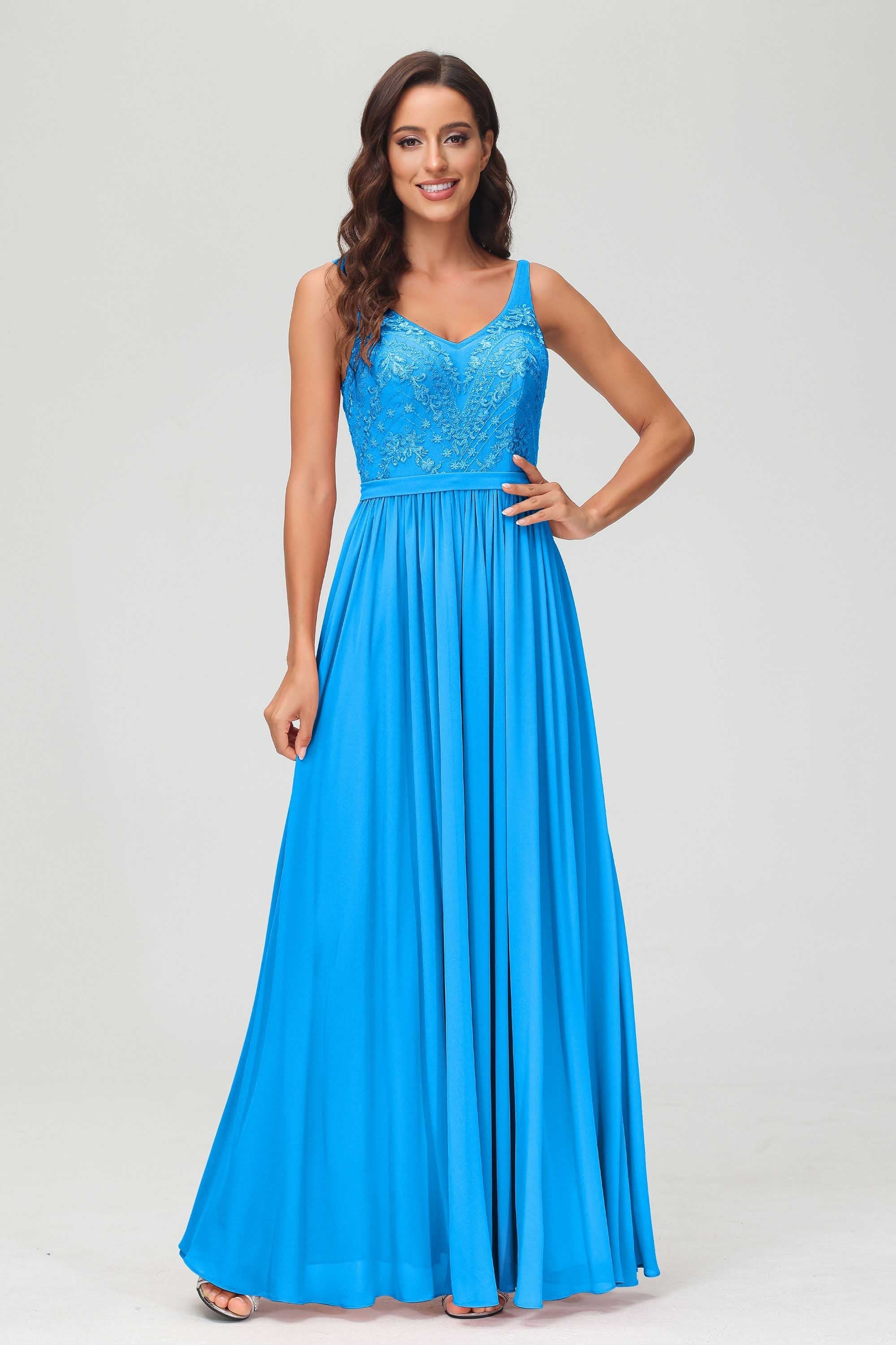 V Neck Chiffon Lace Bridesmaid Dress Formal Evening Dresses Gowns Ruffles Sleeveless