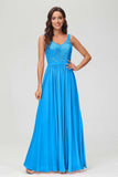 V Neck Chiffon Lace Bridesmaid Dress Formal Evening Dresses Gowns Ruffles Sleeveless
