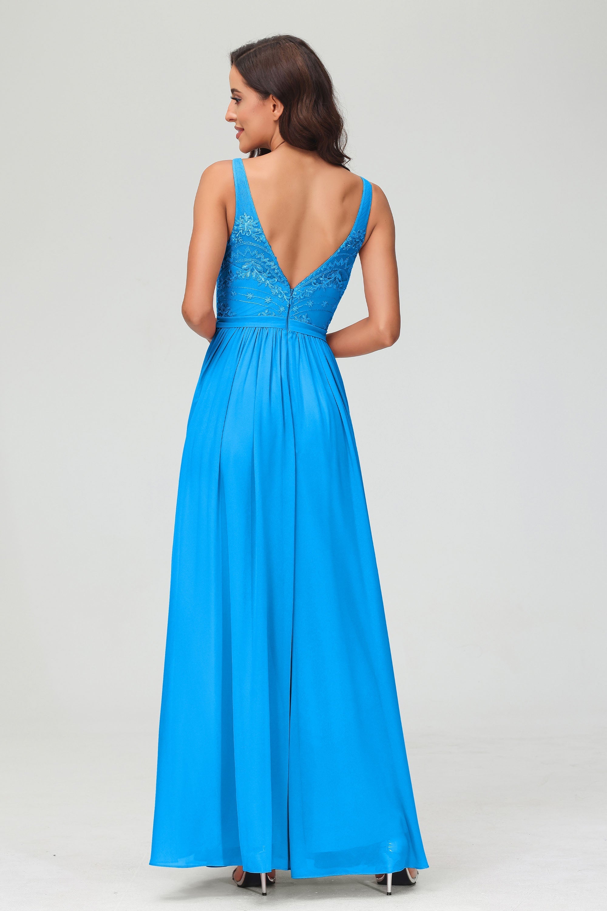 V Neck Chiffon Lace Bridesmaid Dress Formal Evening Dresses Gowns Ruffles Sleeveless