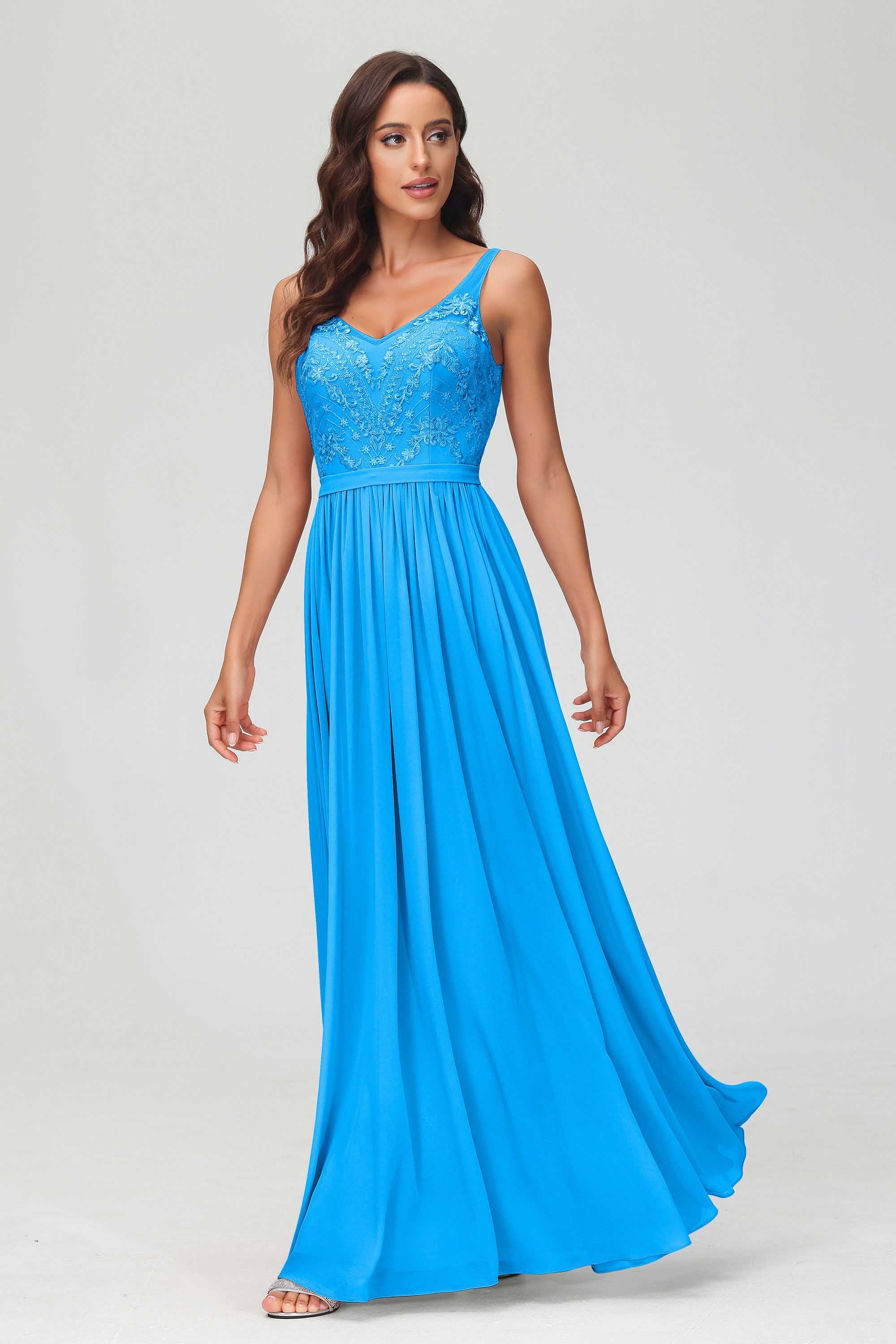 V Neck Chiffon Lace Bridesmaid Dress Formal Evening Dresses Gowns Ruffles Sleeveless