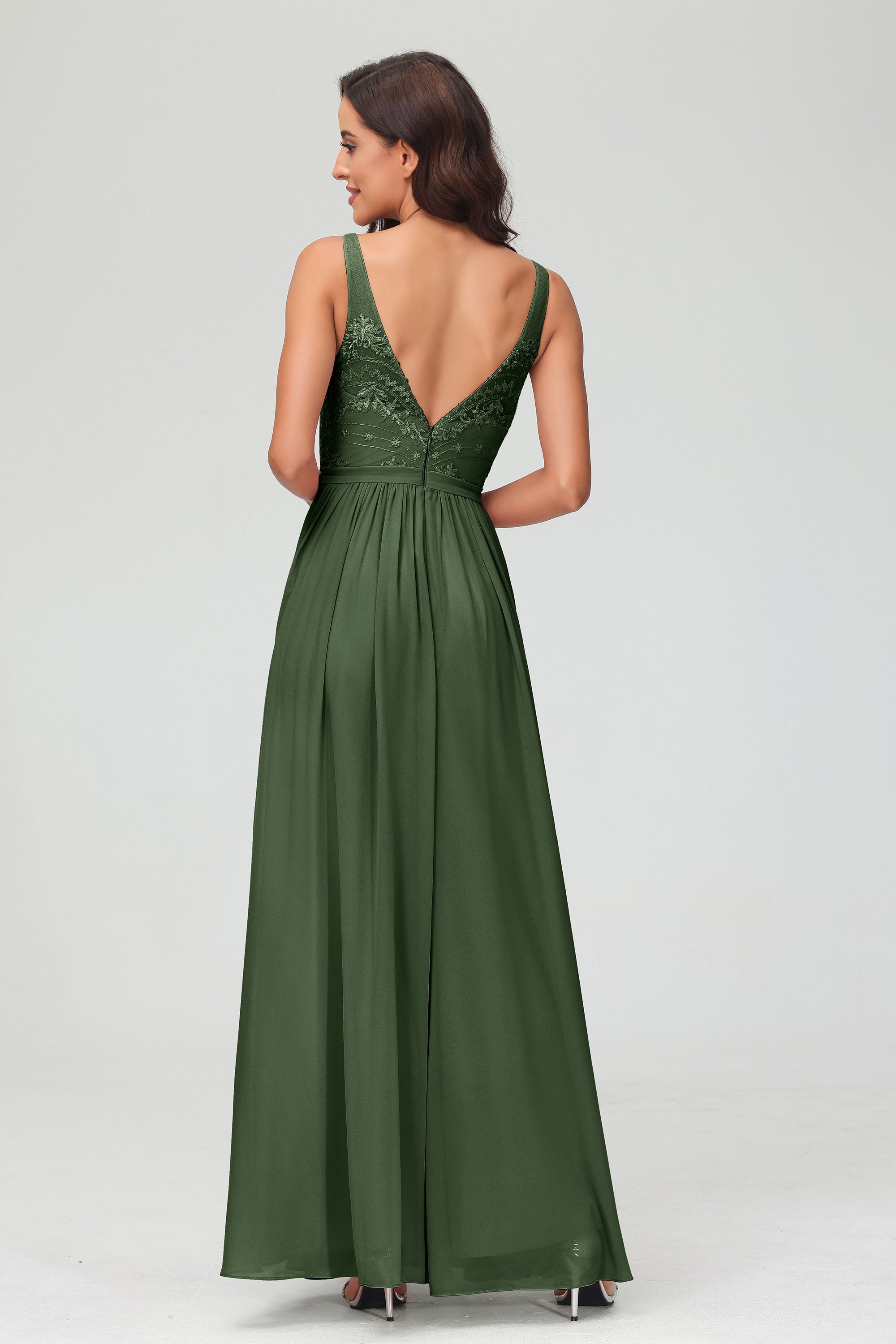 V Neck Chiffon Lace Bridesmaid Dress Formal Evening Dresses Gowns Ruffles Sleeveless