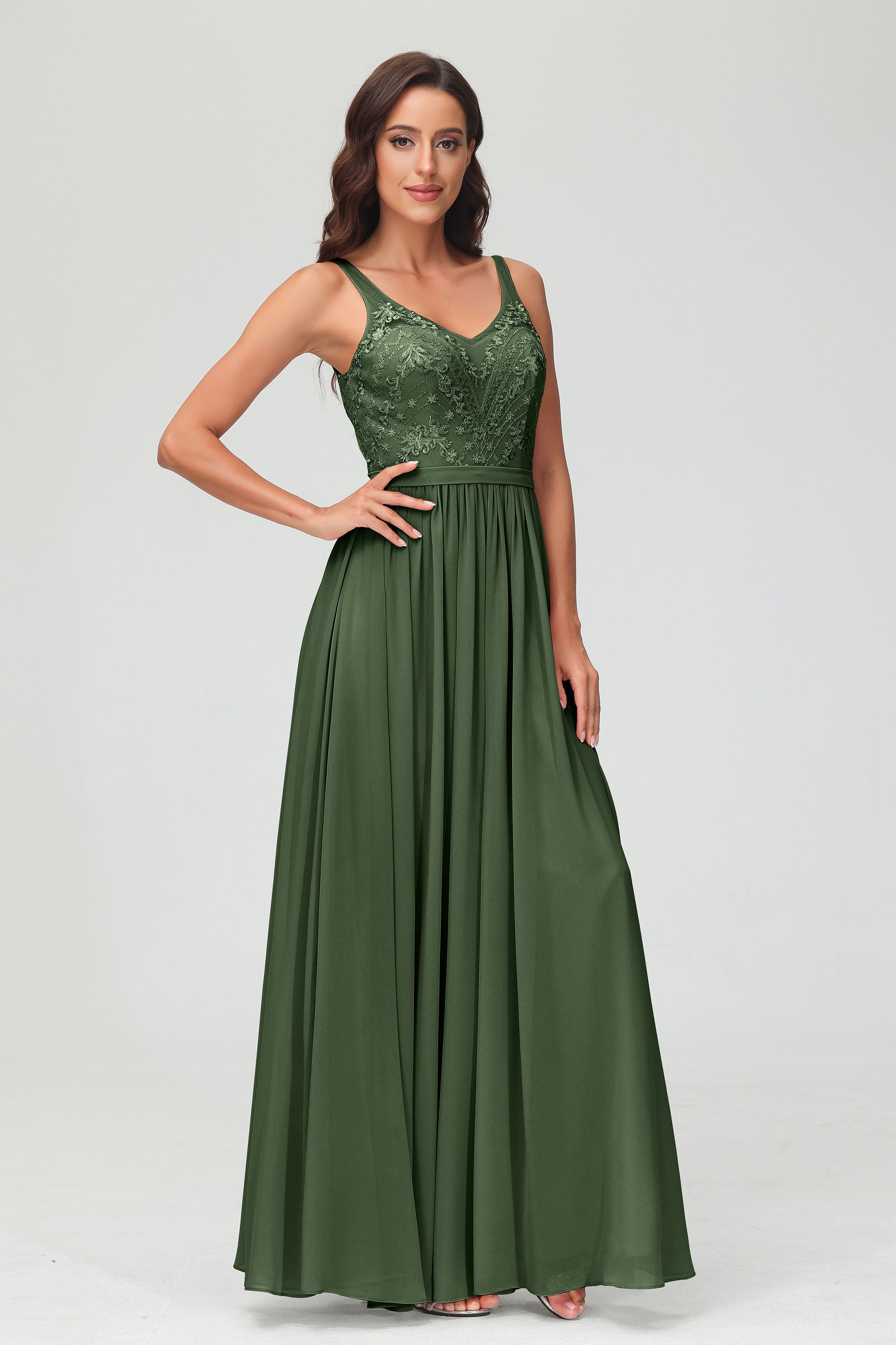 V Neck Chiffon Lace Bridesmaid Dress Formal Evening Dresses Gowns Ruffles Sleeveless