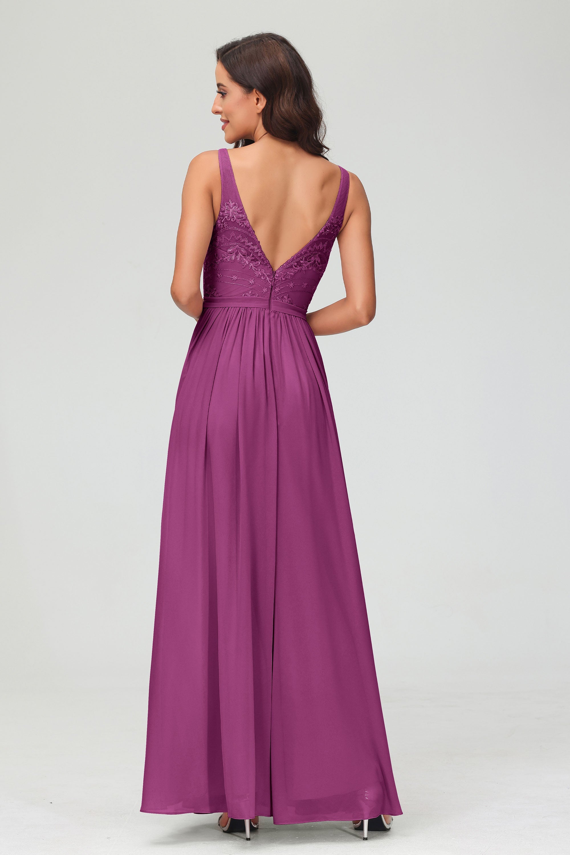 V Neck Chiffon Lace Bridesmaid Dress Formal Evening Dresses Gowns Ruffles Sleeveless
