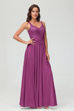 V Neck Chiffon Lace Bridesmaid Dress Formal Evening Dresses Gowns Ruffles Sleeveless