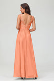 V Neck Chiffon Lace Bridesmaid Dress Formal Evening Dresses Gowns Ruffles Sleeveless
