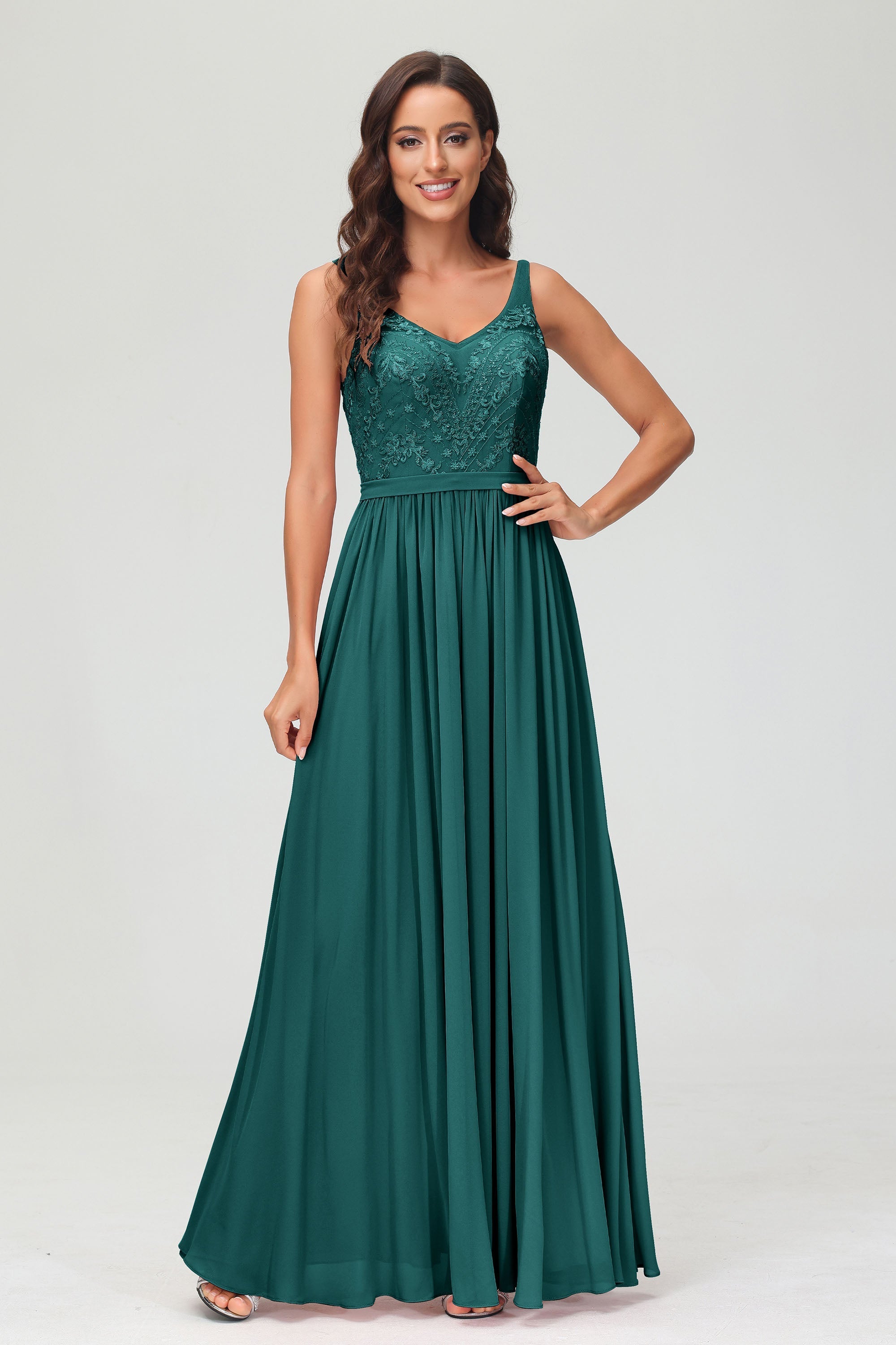 V Neck Chiffon Lace Bridesmaid Dress Formal Evening Dresses Gowns Ruffles Sleeveless