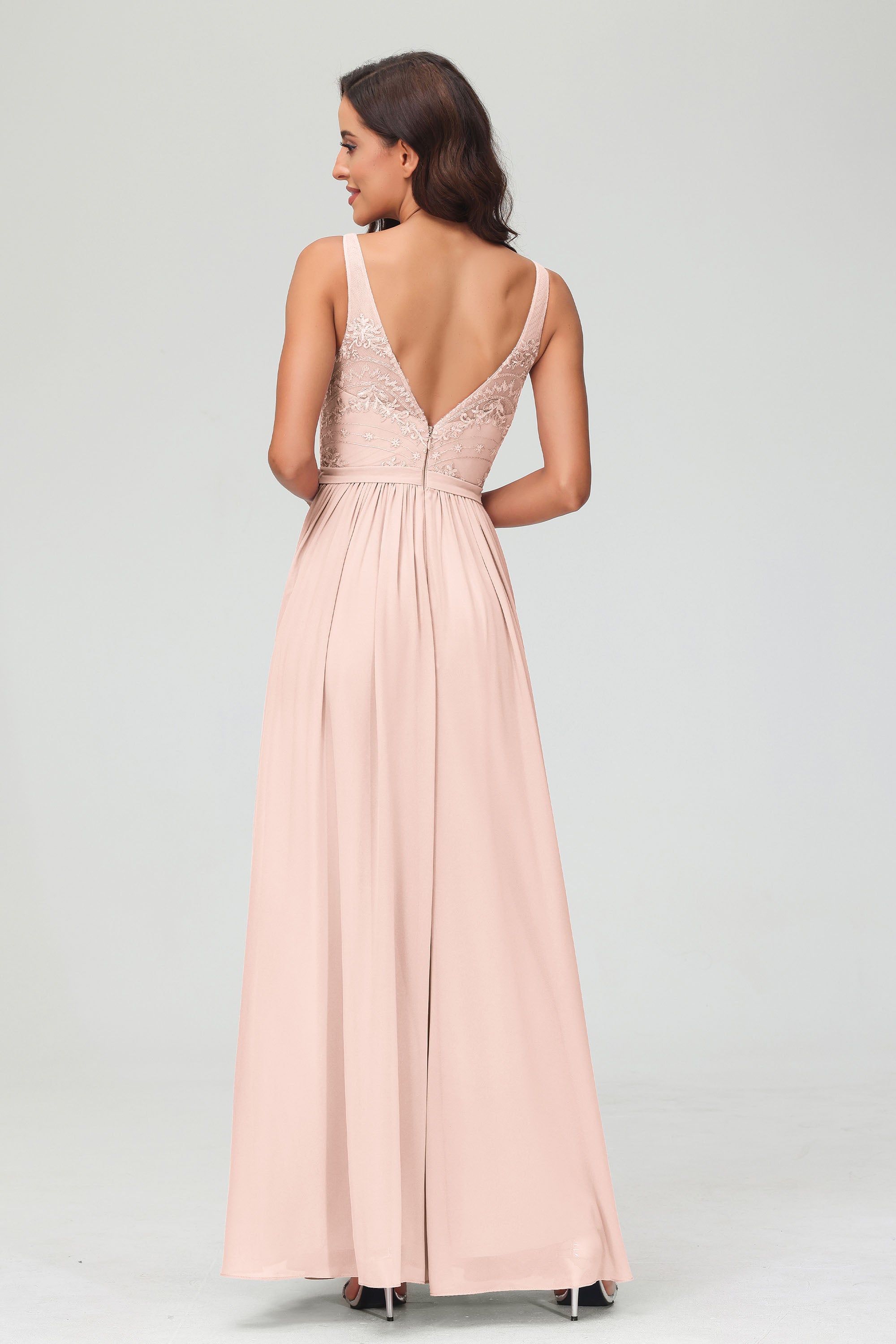 V Neck Chiffon Lace Bridesmaid Dress Formal Evening Dresses Gowns Ruffles Sleeveless