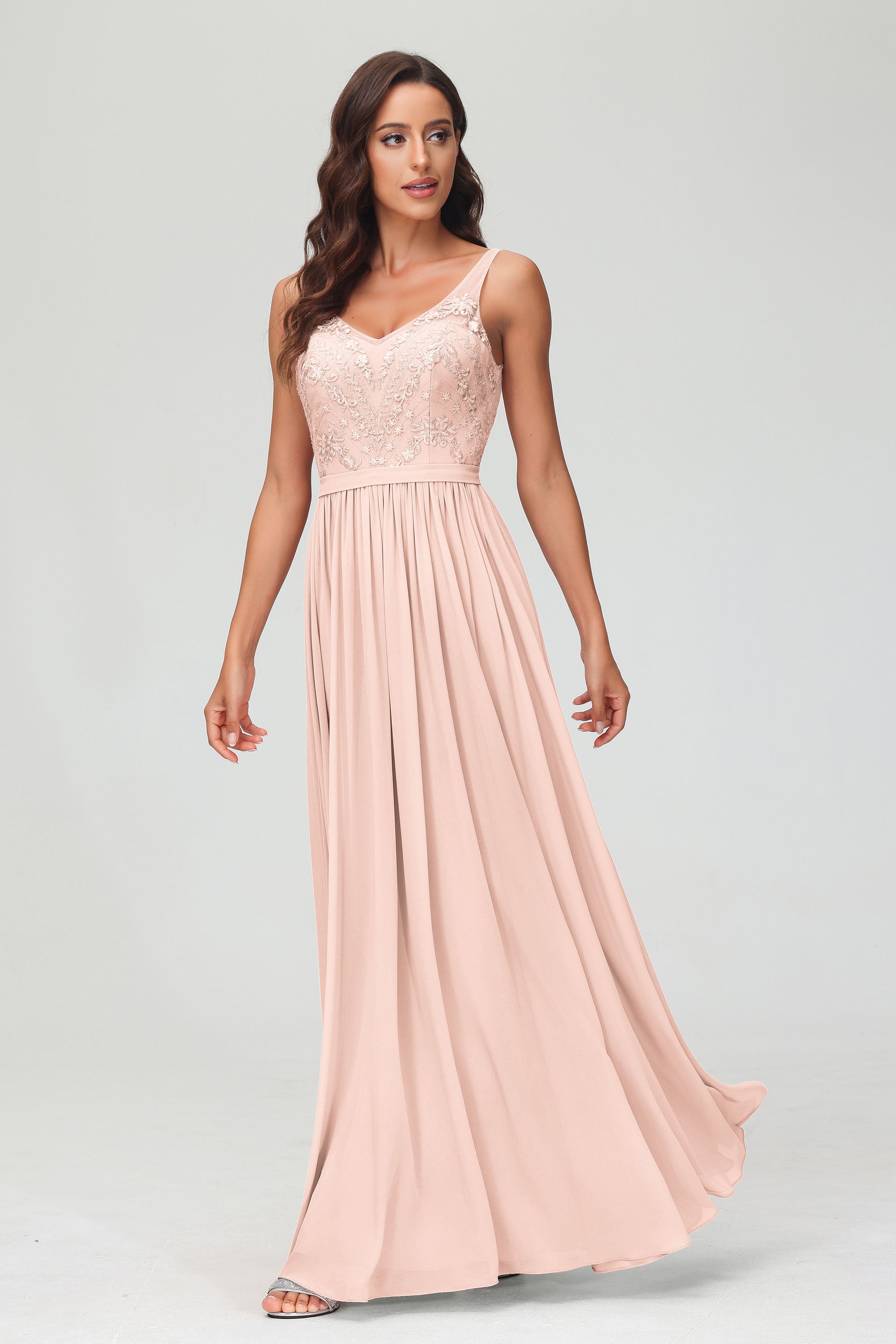 V Neck Chiffon Lace Bridesmaid Dress Formal Evening Dresses Gowns Ruffles Sleeveless