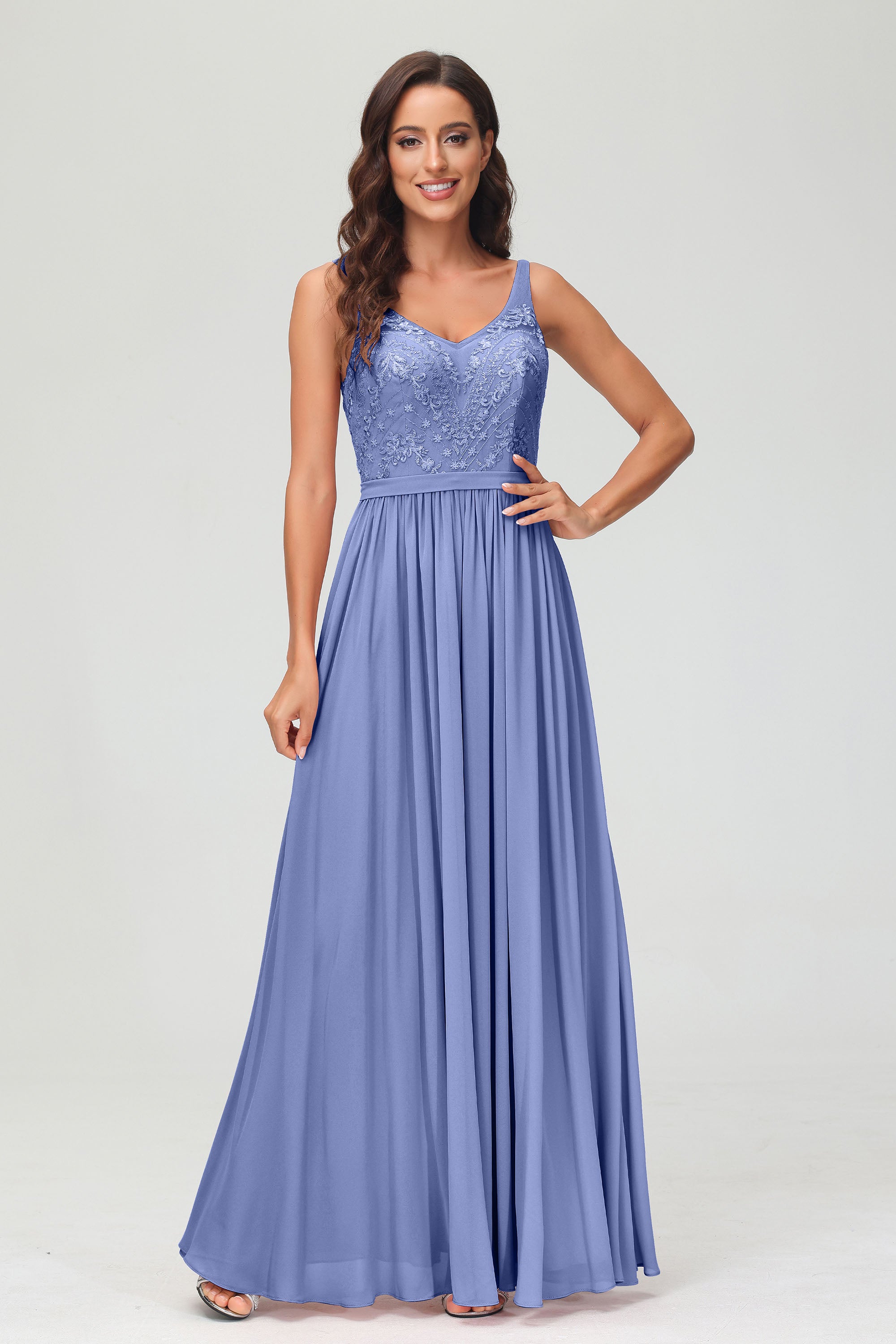 V Neck Chiffon Lace Bridesmaid Dress Formal Evening Dresses Gowns Ruffles Sleeveless