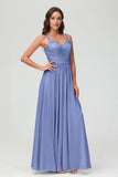 V Neck Chiffon Lace Bridesmaid Dress Formal Evening Dresses Gowns Ruffles Sleeveless