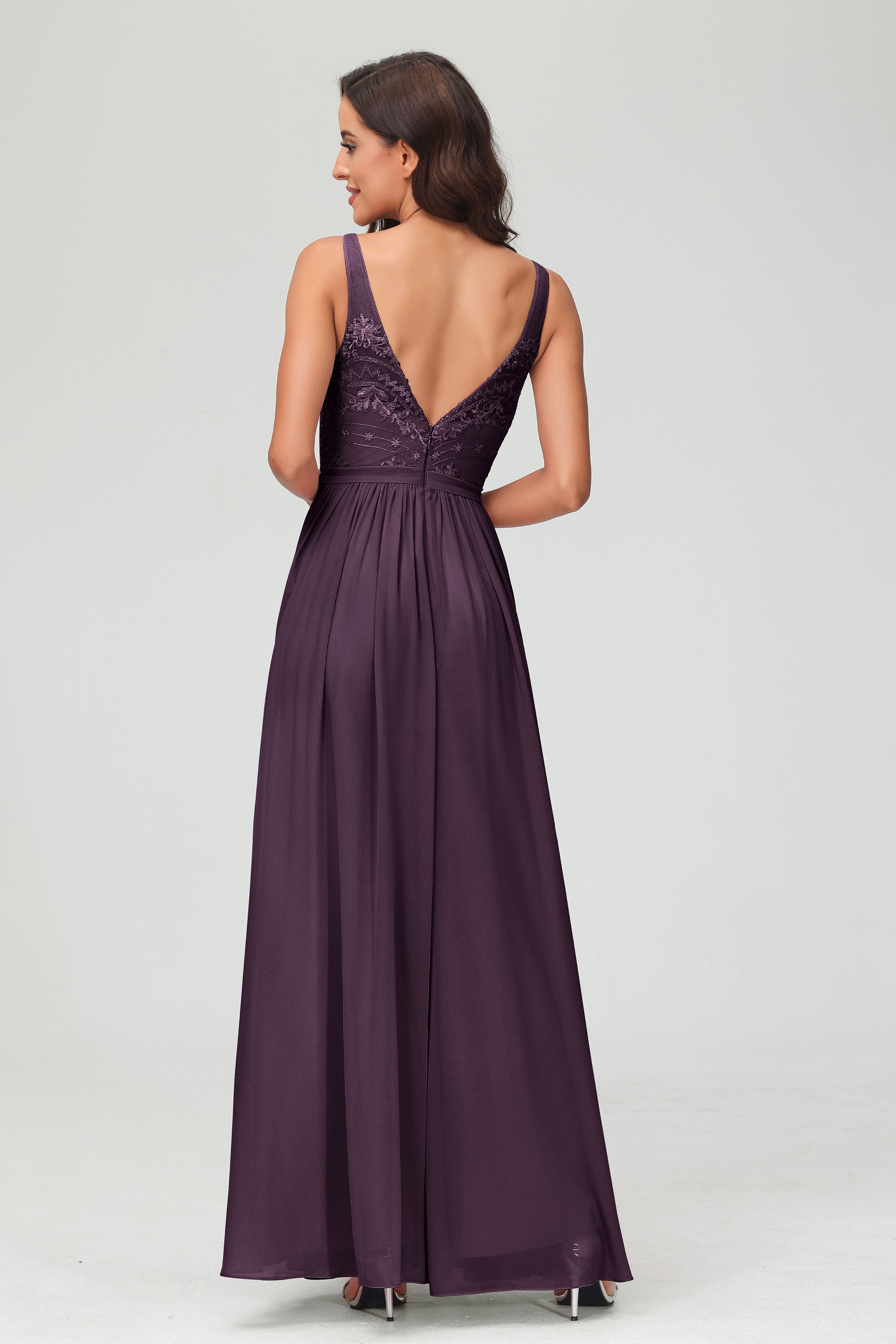 V Neck Chiffon Lace Bridesmaid Dress Formal Evening Dresses Gowns Ruffles Sleeveless