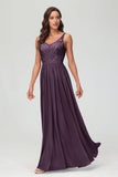 V Neck Chiffon Lace Bridesmaid Dress Formal Evening Dresses Gowns Ruffles Sleeveless