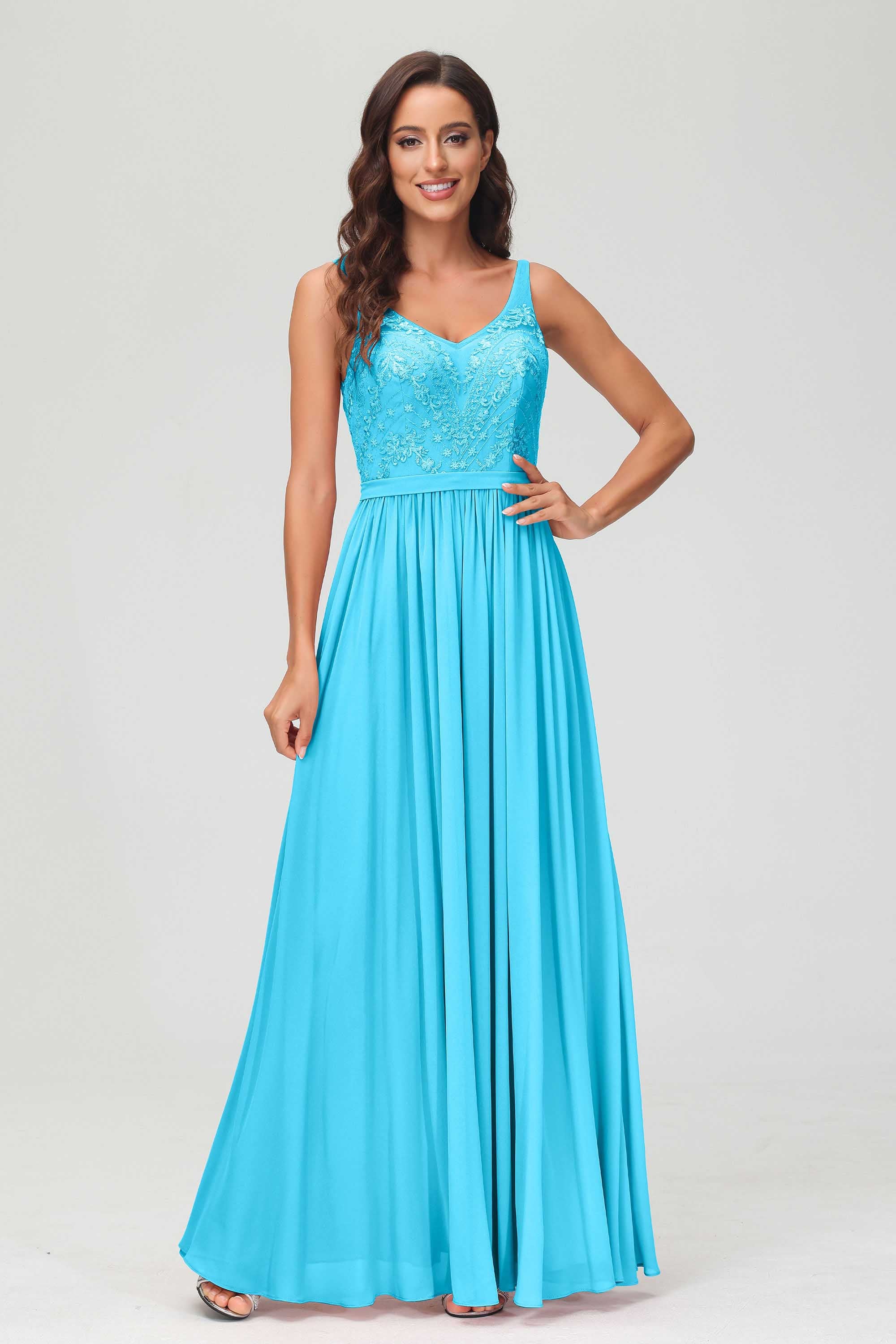 V Neck Chiffon Lace Bridesmaid Dress Formal Evening Dresses Gowns Ruffles Sleeveless