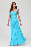V Neck Chiffon Lace Bridesmaid Dress Formal Evening Dresses Gowns Ruffles Sleeveless