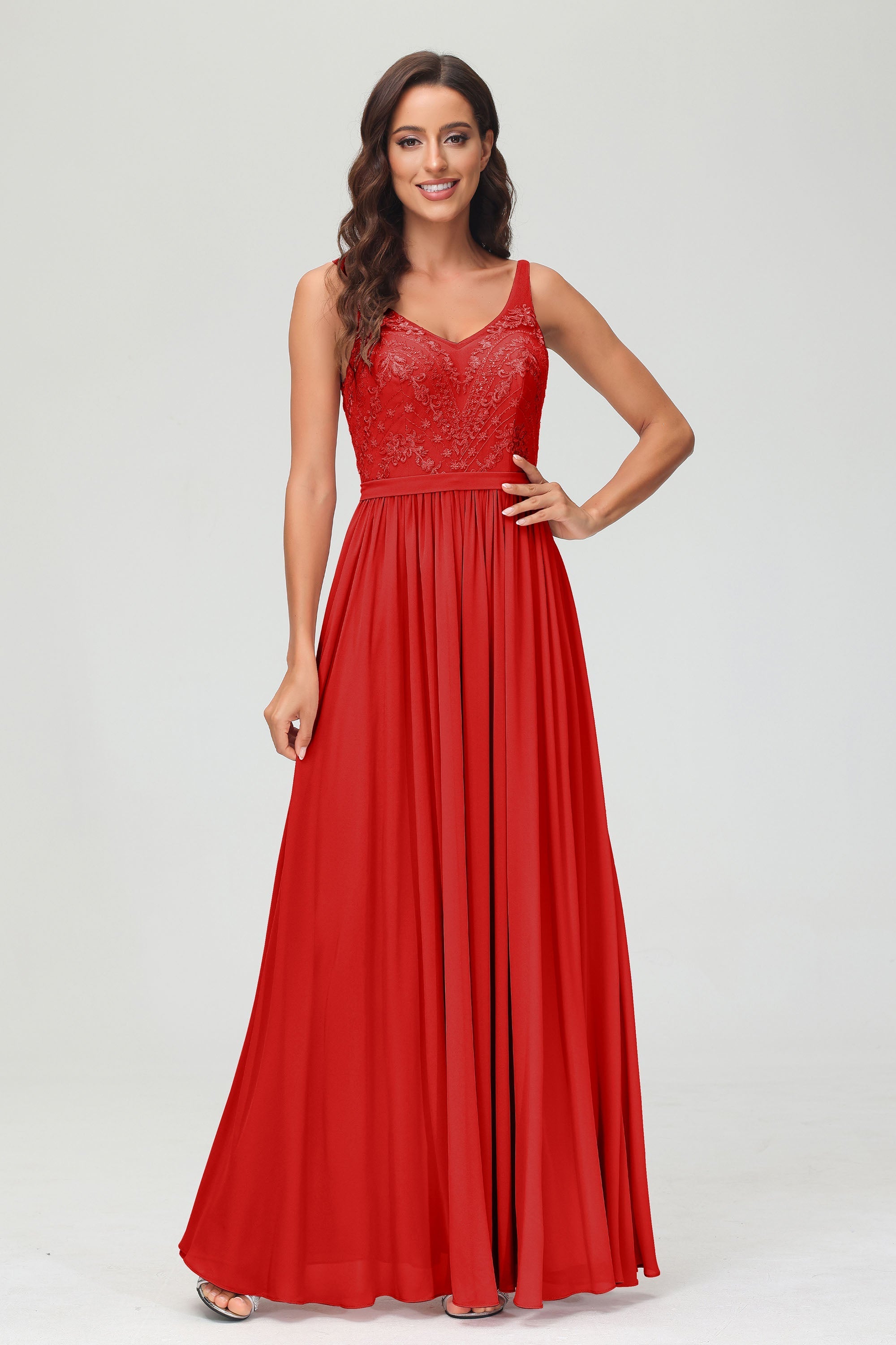 V Neck Chiffon Lace Bridesmaid Dress Formal Evening Dresses Gowns Ruffles Sleeveless