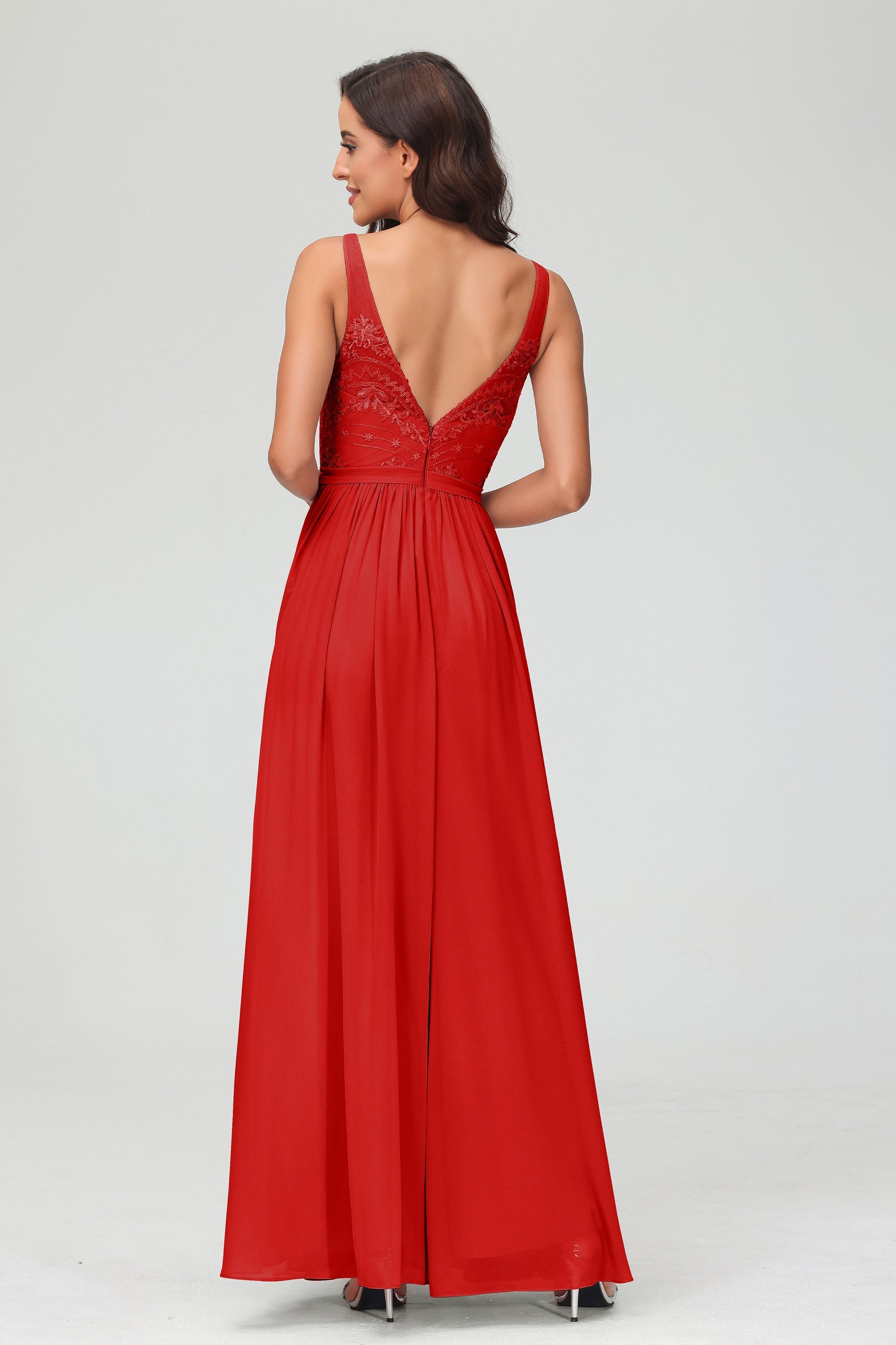 V Neck Chiffon Lace Bridesmaid Dress Formal Evening Dresses Gowns Ruffles Sleeveless