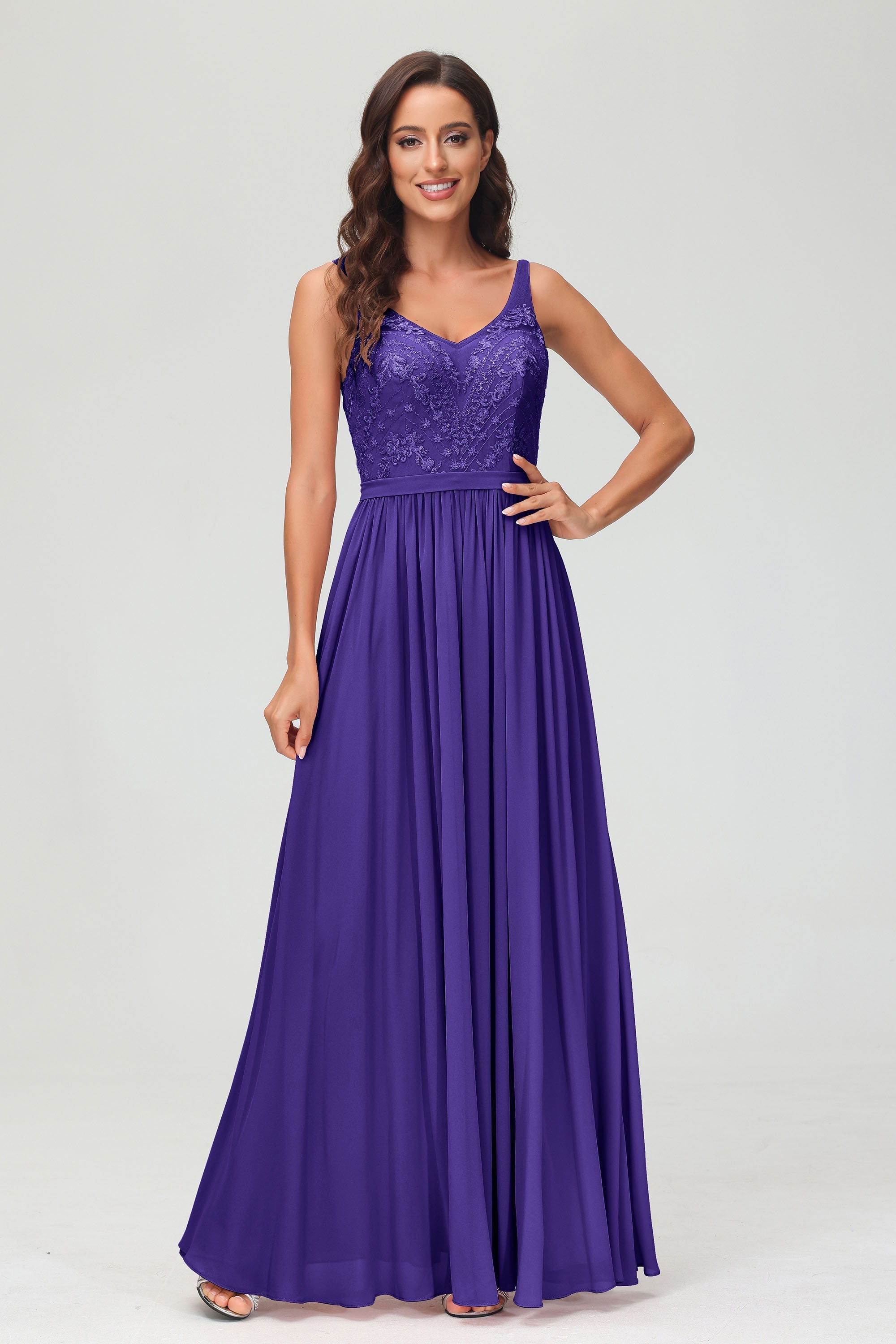 V Neck Chiffon Lace Bridesmaid Dress Formal Evening Dresses Gowns Ruffles Sleeveless