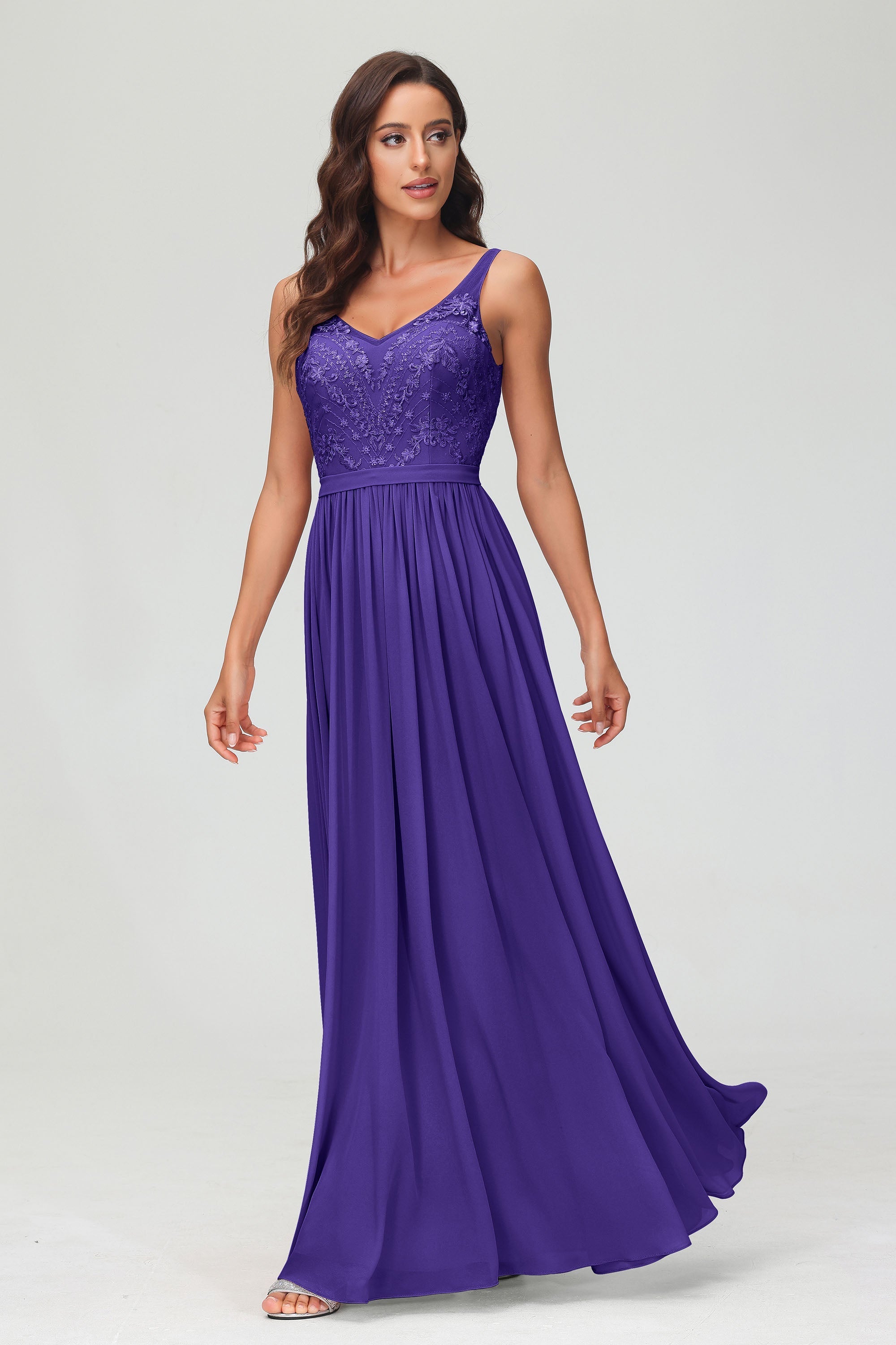 V Neck Chiffon Lace Bridesmaid Dress Formal Evening Dresses Gowns Ruffles Sleeveless